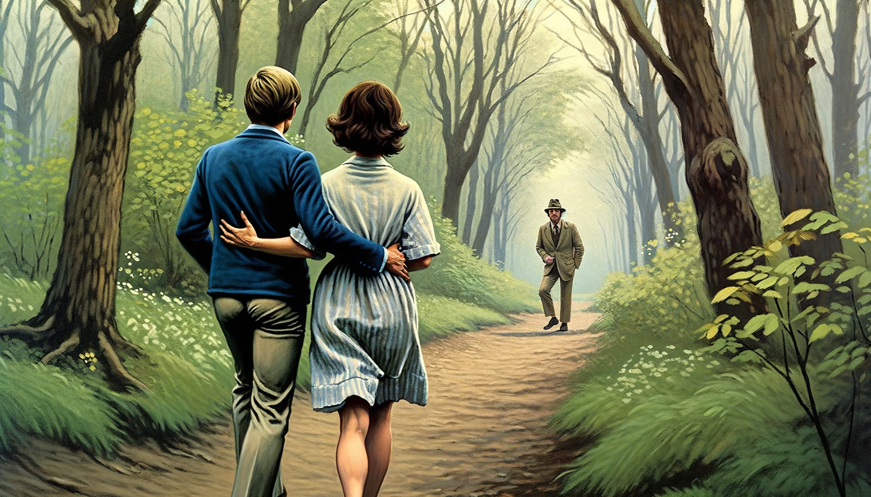 1976 год Заповедник Мак-Клинток, 1976 год пара мужчина и женщина гуляют по тропинки в лесу, спиной к нам прячиться подозрительный  мужчина и пристально наблюдает за ними