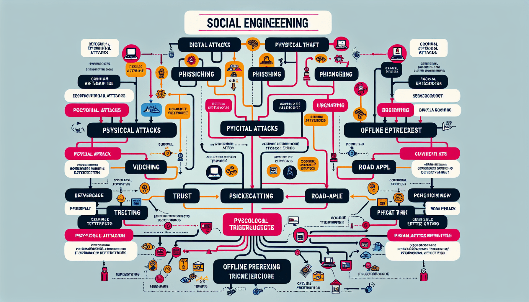 Создайте подробную визуальную схему под названием «Дерево техник социальной инженерии», которая представляет методы социальной инженерии в виде древовидной структуры. Корневой узел должен быть обозначен как «Социальная инженерия». От корня нарисуйте две основные ветви: «Цифровые атаки» и «Физические атаки». В разделе «Цифровые атаки» добавьте подразделы: «фишинг» (с дальнейшим разделением на «электронную почту» и «кражу учетных данных»), «вишинг» и «претекстинг онлайн». В разделе «Физические атаки» добавьте подразделы: «хвостинг» (с веткой «Серверная», ведущей к «Физическому доступу»), «дорожное яблоко» и «претекстинг офлайн».  На конечных узлах отметьте психологические триггеры, такие как «срочность», «доверие» и «жадность», соответствующим образом связанные с каждым методом. Пожалуйста, используйте понятный, легко читаемый стиль с цветовой кодировкой ветвей, чтобы различать цифровые и физические атаки, а также добавьте легенду с описанием психологических триггеров.