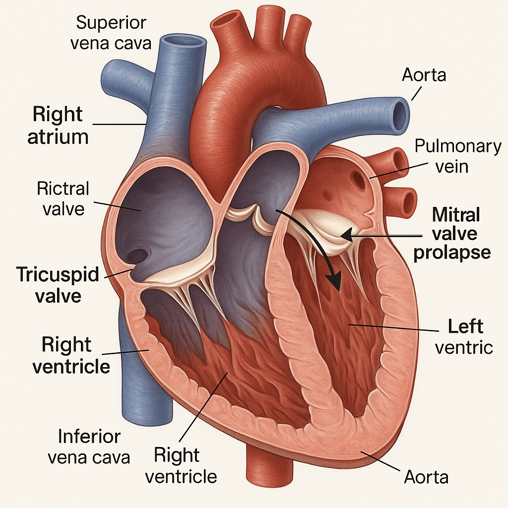 "Anatomically correct, detailed cross-section of a four-chambered human heart. Show the left atrium, left ventricle, right atrium, and right ventricle. Include all four heart valves: mitral, aortic, tricuspid, and pulmonary. Also depict the aorta, pulmonary artery, pulmonary veins, and superior/inferior vena cava. The key feature is mitral valve prolapse, where one or both leaflets of the mitral valve are visibly bulging backward into the left atrium during systole. Illustrate this prolapse clearly, perhaps with arrows indicating the direction of leaflet displacement. Realistic colors, clear labeling of major structures is preferred." "Anatomically correct, detailed cross-section of a four-chambered human heart. Show the left atrium, left ventricle, right atrium, and right ventricle. Include all four heart valves: mitral, aortic, tricuspid, and pulmonary. Also depict the aorta, pulmonary artery, pulmonary veins, and superior/inferior vena cava. The key feature is mitral valve prolapse, where one or both leaflets of the mitral valve are visibly bulging backward into the left atrium during systole. Illustrate this prolapse clearly, perhaps with arrows indicating the direction of leaflet displacement. Realistic colors, clear labeling of major structures is preferred."