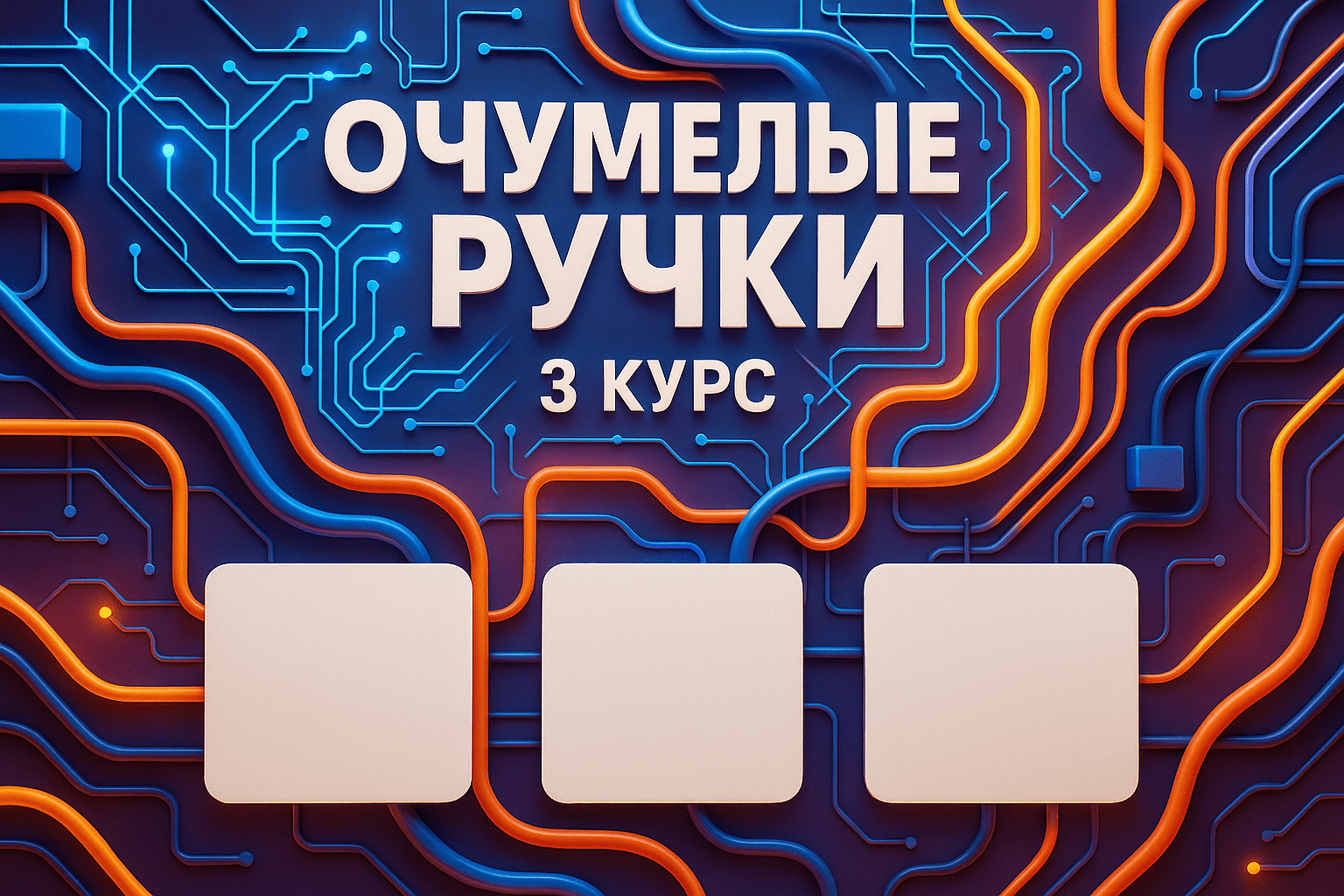 Создайте яркий и креативный постер для 3 курса студентов на тему «Очумелые ручки». Фон постера должен быть связан с электрикой 3D, например, с изображением электрических схем, проводов или абстрактных 3D-элементов. Оставьте место для вставки трёх изображений, которые будут демонстрировать проекты или работы студентов. Избегайте использования текста, чтобы постер выглядел минималистично и акцентировал внимание на визуальных элементах. Создайте яркий и креативный постер для 3 курса студентов на тему «Очумелые ручки». Фон постера должен быть связан с электрикой 3D, например, с изображением электрических схем, проводов или абстрактных 3D-элементов. Оставьте место для вставки трёх изображений, которые будут демонстрировать проекты или работы студентов. Избегайте использования текста, чтобы постер выглядел минималистично и акцентировал внимание на визуальных элементах.