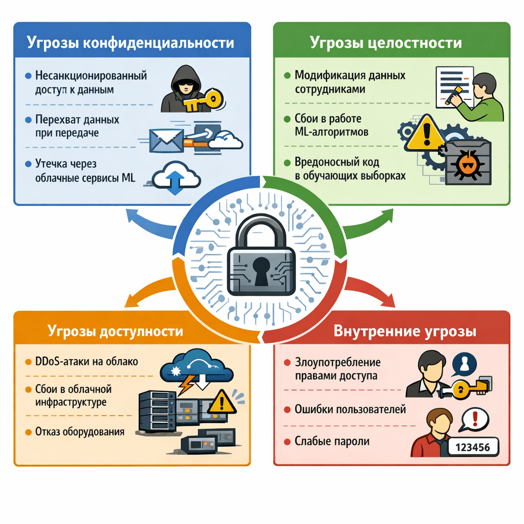Для проектируемой системы актуальны следующие угрозы:

Угрозы конфиденциальности:

несанкционированный доступ к персональным данным;

перехват данных при передаче между модулями системы;

утечка информации через облачные сервисы ML.

Угрозы целостности:

модификация данных сотрудниками с целью искажения результатов оценки эффективности;

повреждение данных из‑за сбоев в работе ML‑алгоритмов;

внедрение вредоносного кода в обучающие выборки.

Угрозы доступности:

DDoS‑атаки на облачные сервисы;

сбои в работе облачной инфраструктуры;

отказ оборудования на стороне предприятия.

Внутренние угрозы:

злоупотребление правами доступа со стороны администраторов;

случайные ошибки пользователей при работе с системой;

использование слабых паролей. нарисуй научную схему
