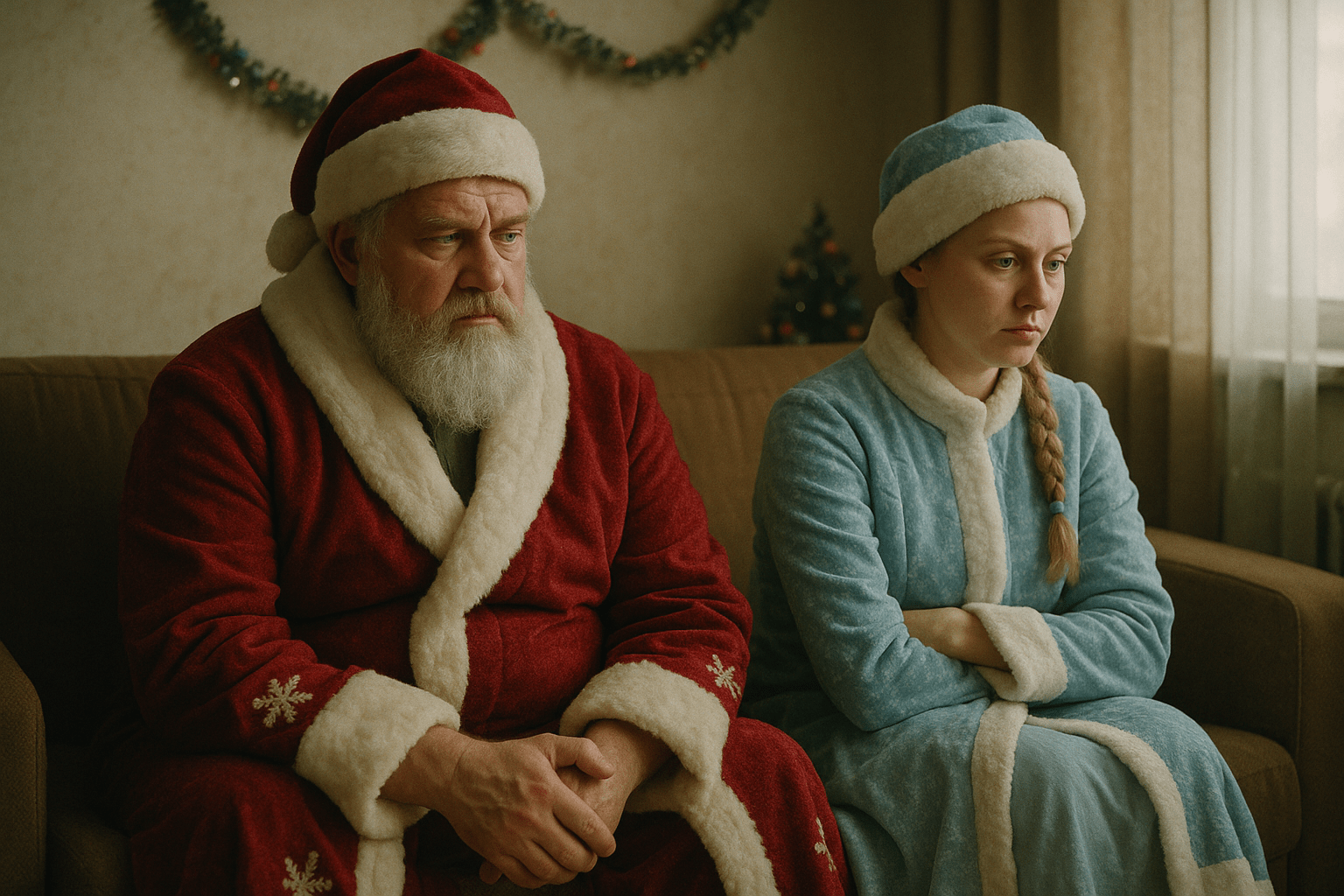 Middle-aged Russian Ded Moroz and Snegurochka sitting on a couch in apartment after a fight, avoiding eye contact, mixed emotions on their faces, dim winter light from a window, faded holiday decorations in the background, warm environment, cinematic shallow depth of field, style of 'Little Miss Sunshine', cinematic framing, muted colors, realistic skin textures, subtle sadness, 35mm film grain, inspired by indie dramas like 'Marriage Story', hyper-realistic, avoid cartoonish style Middle-aged Russian Ded Moroz and Snegurochka sitting on a couch in apartment after a fight, avoiding eye contact, mixed emotions on their faces, dim winter light from a window, faded holiday decorations in the background, warm environment, cinematic shallow depth of field, style of 'Little Miss Sunshine', cinematic framing, muted colors, realistic skin textures, subtle sadness, 35mm film grain, inspired by indie dramas like 'Marriage Story', hyper-realistic, avoid cartoonish style