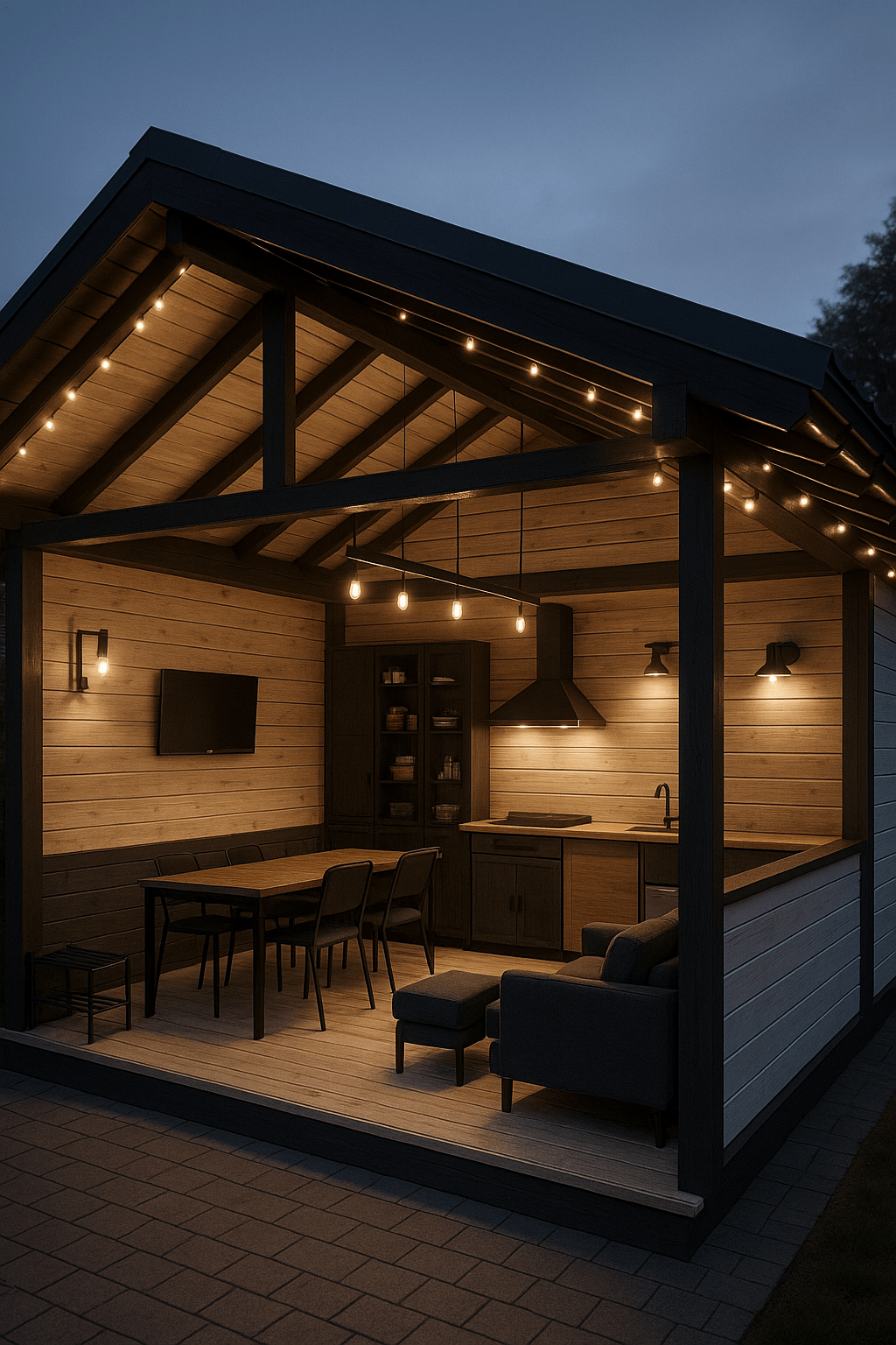 Here's the comprehensive English task for 3D visualization, incorporating all your specifications:

**Task for 3D Visualization: Gazebo Interior & Exterior**  

---

### **I. Structural Specifications**  
1. **Dimensions & Roof**:  
   - Rectangular footprint: **4m (width) × 7m (length)**  
   - **Gable roof** with ridge parallel to the 7m side; ridge height: **2.5m**  

2. **Walls & Entrance**:  
   - **Solid walls**: Back (7m length) + Right side (4m width)  
   - **Partial walls**: Front + Left side with **timber framing up to 1m height**  
   - **Entrance**: 1m-wide door on front wall, positioned **left of the corner**  

3. **Materials & Finishes**:  
   - **Floor**: Light beige wooden planks  
   - **Columns & crossbeams**: Wenge-colored wood (dark brown-black)  
   - **Walls/Ceiling**: Light wood oil finish; wall boards installed **horizontally** (parallel to floor)  

---

### **II. Functional Zones & Furniture Layout**  
| **Zone**              | **Placement & Details**                                                                 |
|------------------------|----------------------------------------------------------------------------------------|
| **1. Dining/Activity** | - **3.5m × 1m loft-style table** along back wall (parallel to 7m side)  - 60-70cm clearance from back wall for chairs |
| **2. Lounge**          | - **L-shaped sofa** in rear right corner (back + right walls)  - **2-3 armchairs** facing sofa  - Low coffee table optional |
| **3. Storage**         | - **Tall cabinets/shelves** along back wall behind table  - Stores: tableware, tools, games, BBQ gear, samovar |
| **4. BBQ/Serving**     | - **Counter/bar unit** along right wall near entrance  - Space for BBQ, samovar, fridge  - **Vent hood** required above cooking area |
| **5. Entry**           | - Keep area near door clear  - Optional: shoe rack/coat hanger on left partial wall |

---

### **III. Electrical Plan**  
1. **Outlets** (IP44+ rated):  
   - **Dining**: 2 sets (back wall center + opposite BBQ zone)  
   - **Lounge**: 1-2 sets (back/right wall)  
   - **BBQ**: 1-2 sets (right wall)  
   - **Storage**: 1 set (back wall)  
   - **Height**: 30-40cm (baseboard) or 90-110cm (user level)  

2. **Switches** (90cm height):  
   - Main light: Near entrance  
   - Lounge lights: Near sofa  
   - BBQ/table lights: Near serving zone or entrance  
   - Decorative lighting: Separate control  

3. **Lighting**:  
   - **General**: Linear pendant lights along ridge (loft/Edison style)  
   - **Task**: Track lights above table, wall light above BBQ counter  
   - **Ambient**: Wall sconces in lounge, cabinet lighting  
   - **Decorative**: Fairy lights under roof eaves/beams (2700-3000K warm white)  

4. **TV**:  
   - Mounted on **back wall** opposite sofa  
   - Center at **1.4-1.6m height**  
   - Hidden cabling to storage (power, LAN, antenna)  

---

### **IV. Visual Reference (Top View)**  
```
Front (open above 1m)  
+-----------------------------------------+  
| Entry [ ]                               | ← Door (1m)  
|                                         |  
L |      Clear walkway (2.5m wide)        |  
e |                                         |  
f |                                         |  
t |                                         |  
  |                                         |  
  |        LOUNGE:                         |  
  |        [L-shaped sofa]                 |  
  |        [Armchairs]       | STORAGE     |  
  |                      | [Cabinets]      |  
  |                      |                 |  
  +-----------------+-------+--------------+  
    TABLE (3.5m)    |       |              |  
  +-----------------+       |              |  
  |                         |              |  
B |                         |              |  
a |                         |              |  
c |                         |              |  
k |                         |              |  
  |                         |              |  
  |                         |              |  
  |       BBQ ZONE:         |              |  
  |       [Counter]         |              |  
  |       [Appliance space] |              |  
  +----------------------------------------+  
        Right solid wall (4m)  
```

---

### **V. Key Requirements**  
1. **Realistic material rendering**:  
   - Light beige wood floor vs. wenge columns vs. oil-finished walls  
   - Diagonal boarding on exterior wall faces (white)  
   - Dark gray polycarbonate roof  

2. **Atmosphere**:  
   - Warm layered lighting (functional + decorative)  
   - Cohesive loft aesthetic (exposed hardware, industrial fixtures)  

3. **Technical accuracy**:  
   - Correct roof overhangs (0.5m back / 1m front)  
   - Horizontal wall boarding alignment  
   - All electrical elements visible/implied  

---

**Deliverables**:  
- Photorealistic renders from 4+ angles (include close-ups of key zones)  
- Day/night lighting scenarios  
- Material board preview