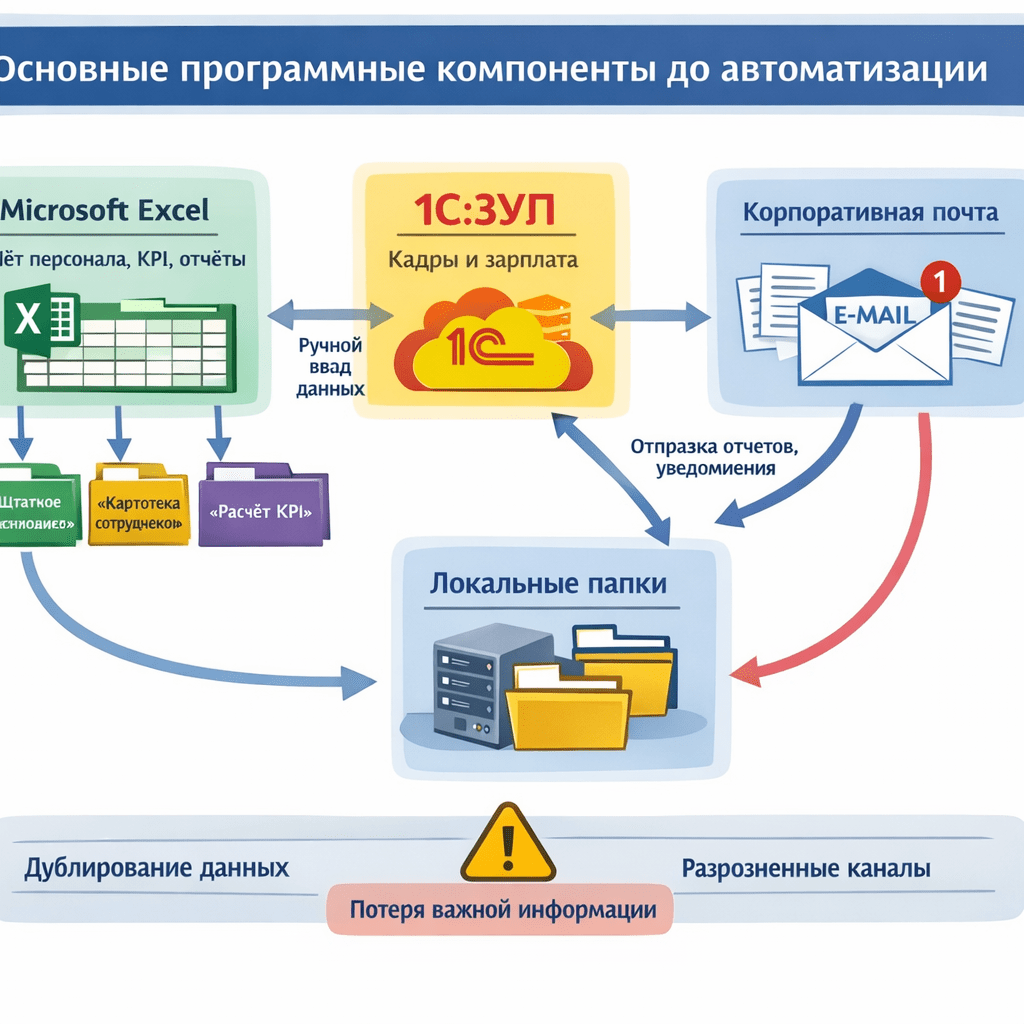 1. Main software components
Before the implementation of the automated system, the HR department and related units used a set of disparate tools:

Microsoft Excel was the main tool for staff accounting, KPI calculation, reporting generation and training planning. The department had several interconnected files:

“Staffing and payroll”;

“Employee files” (first name, position, dates of hiring/dismissal, holidays);

“KPI calculation” (tables with indicators and weights by position);

"Training Plan" (courses, participants, dates).

 "1C:ZUP" (Salary and Personnel Management) was used for personnel records and payroll calculations. There was no integration with Excel files, and data was entered manually twice.

 Email (corporate email server) was used as a communication channel for approving documents, sending reports, and notifications about training. This led to the "dilution" of information, as important emails were lost in the flow and there was no unified archive.

Local file system (network только схему на русском