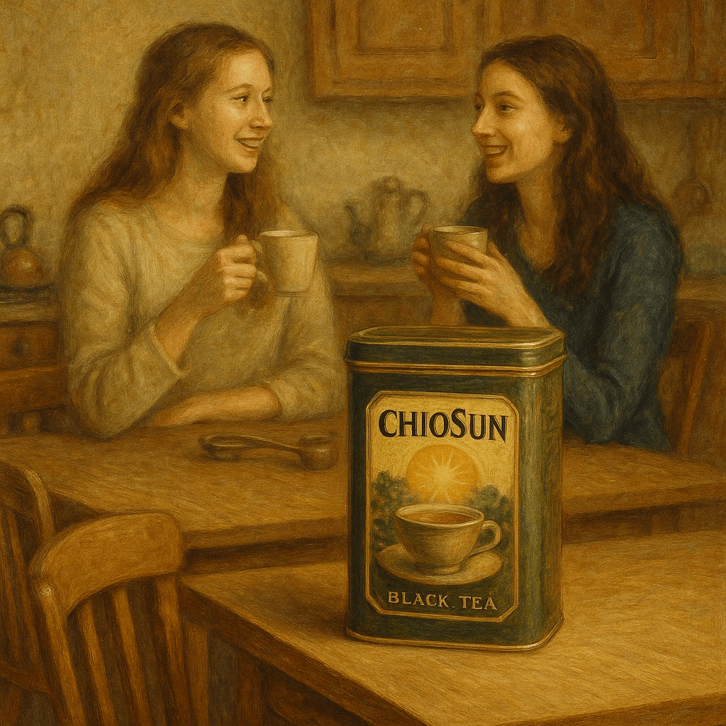 Чай марки ChioSun, в красивой банке, который стоит на кухонном столе. Возле стола стоят два стула. Присутствует кухонная утварь. Позади расположены две девушки, которые пьют данный чай и делятся впечатлениями. Картинка должна быть максимально естественной, четко прорисованной. Люди на заднем фоне могут быть немного размыты. Чай марки ChioSun, в красивой банке, который стоит на кухонном столе. Возле стола стоят два стула. Присутствует кухонная утварь. Позади расположены две девушки, которые пьют данный чай и делятся впечатлениями. Картинка должна быть максимально естественной, четко прорисованной. Люди на заднем фоне могут быть немного размыты.