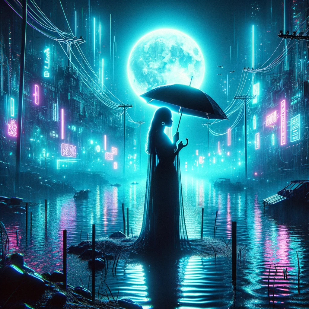 девушка с зонтом стоит у воды в лунную ночь