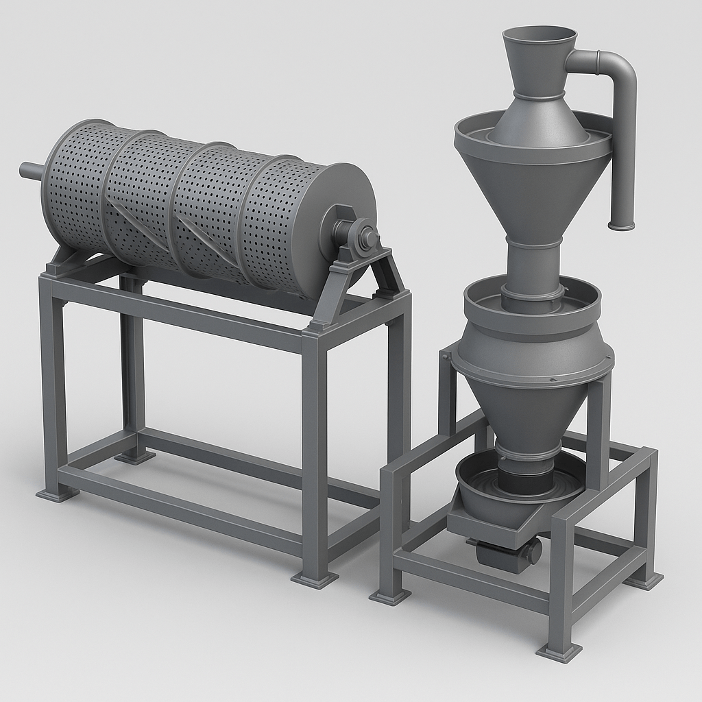 Готовый Технический Бриф для Генерации 3D-Модели
(Скопируйте этот текст и используйте его в выбранной вами AI-системе)

Задача: Создать параметрическую 3D-модель вихревого гравитационного концентратора для обогащения импактных алмазов.

1. Общее описание:
Установка состоит из двух последовательных модулей: вращающийся промывочный барабан для первичной сепарации и коническая вихревая отсадочная камера для тонкого разделения по плотности.

2. Блок 1: Промывочный барабан

Геометрия: Полый цилиндр.

Оси: Цилиндр расположен горизонтально с углом наклона 5° к горизонту.

Размеры:

Длина: 2500 мм

Диаметр: 800 мм

Толщина стенки: 10 мм

Ключевые элементы:

Перфорация: Сквозные отверстия диаметром 6 мм, равномерно покрывающие нижнюю 2/3 поверхности цилиндра.

Внутренние спиральные ребра: Приварены изнутри для транспортировки материала. Высота ребра: 50 мм, шаг: 600 мм.

Входной патрубок: Коническая горловина на верхнем конце.

Выход для крупной фракции: Открытый торец на нижнем конце.

Привод: Соединительная цапфа на верхнем конце.

3. Блок 2: Вихревая отсадочная камера

Геометрия: Вертикальный усеченный конус.

Размеры:

Верхний диаметр: 500 мм

Нижний диаметр: 150 мм

Высота: 1200 мм

Толщина стенки: 8 мм

Ключевые элементы:

Входной патрубок: Тангенциальный патрубок в верхней части конуса для создания вихревого потока. Диаметр: 80 мм.

Выход для легкой фракции (хвостов): Переливной порог (круговый желоб) в самом верху камеры.

Пульсационная мембрана: Эластичная мембрана из износостойкой резины в нижней части камеры. Диаметр: 150 мм.

Узел привода мембраны: Электромагнитный вибратор, присоединенный к мембране снизу.

Съемный концентраторный лоток: Расположен над мембраной. Лоток имеет коническую форму с радиальными рифлями (высота рифлей 7 мм, шаг 15 мм).

4. Рама и опоры:

Материал: Стальной профиль (швеллер 100x50 мм).

Конструкция: Сварная пространственная рама, обеспечивающая поддержку барабана на роликовых опорах и жесткую фиксацию вихревой камеры в вертикальном положении.

Требования к модели:

Параметризация: Все ключевые размеры (диаметры, высоты, угол наклона) должны быть параметрами, доступными для редактирования.

Сборка: Модель должна быть представлена в виде сборки с соответствующими сопряжениями между узлами.

сделай максимапльно точно и приблезительно