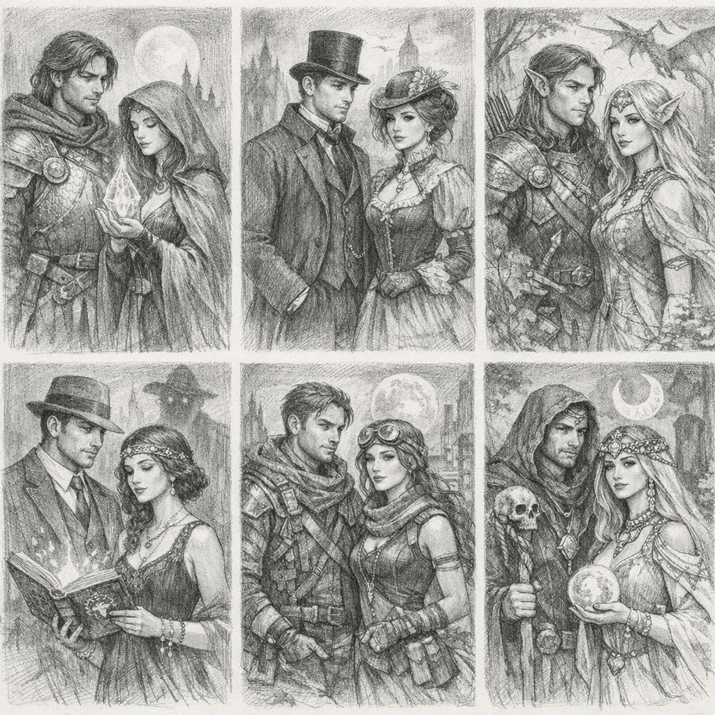 Создай образы женщины и мужчины штук шесть в разные года, добавь элементы мистики, фэнтази