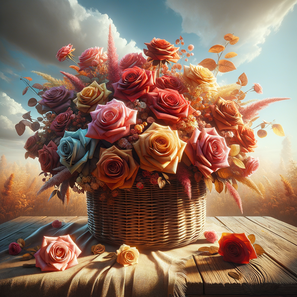 a bouquet of multi-colored roses in a wicker basket, with the sun and sky in the background