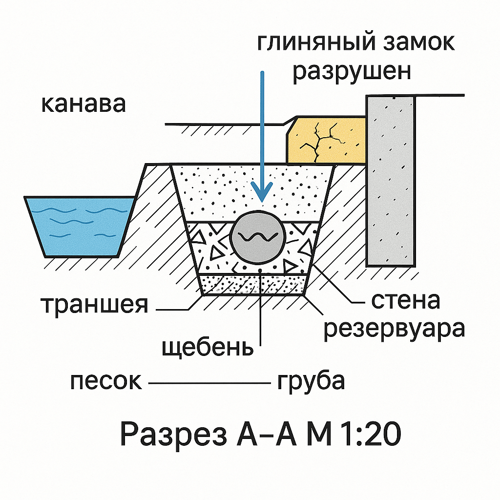 Поперечный разрез грунта, инженерная схема, вектор.
Слева: канава трапецией, внутри синяя вода.
Справа: серая бетонная стена, сверху жёлтая треснутая глина.
По центру: траншея, в ней снизу слой точек (песок), выше слой треугольников (щебень), в щебне чёрный кружок (труба) с волнистой линией вокруг.
От трещины в глине идёт синяя стрелка вниз, потом в щебень, потом в трубу.
Подписи: «канава», «траншея», «стена резервуара», «глиняный замок разрушен», «песок», «щебень», «геотекстиль», «труба».
Внизу надпись «Разрез А-А М 1:20».
Чистые линии, никаких теней, белый фон.