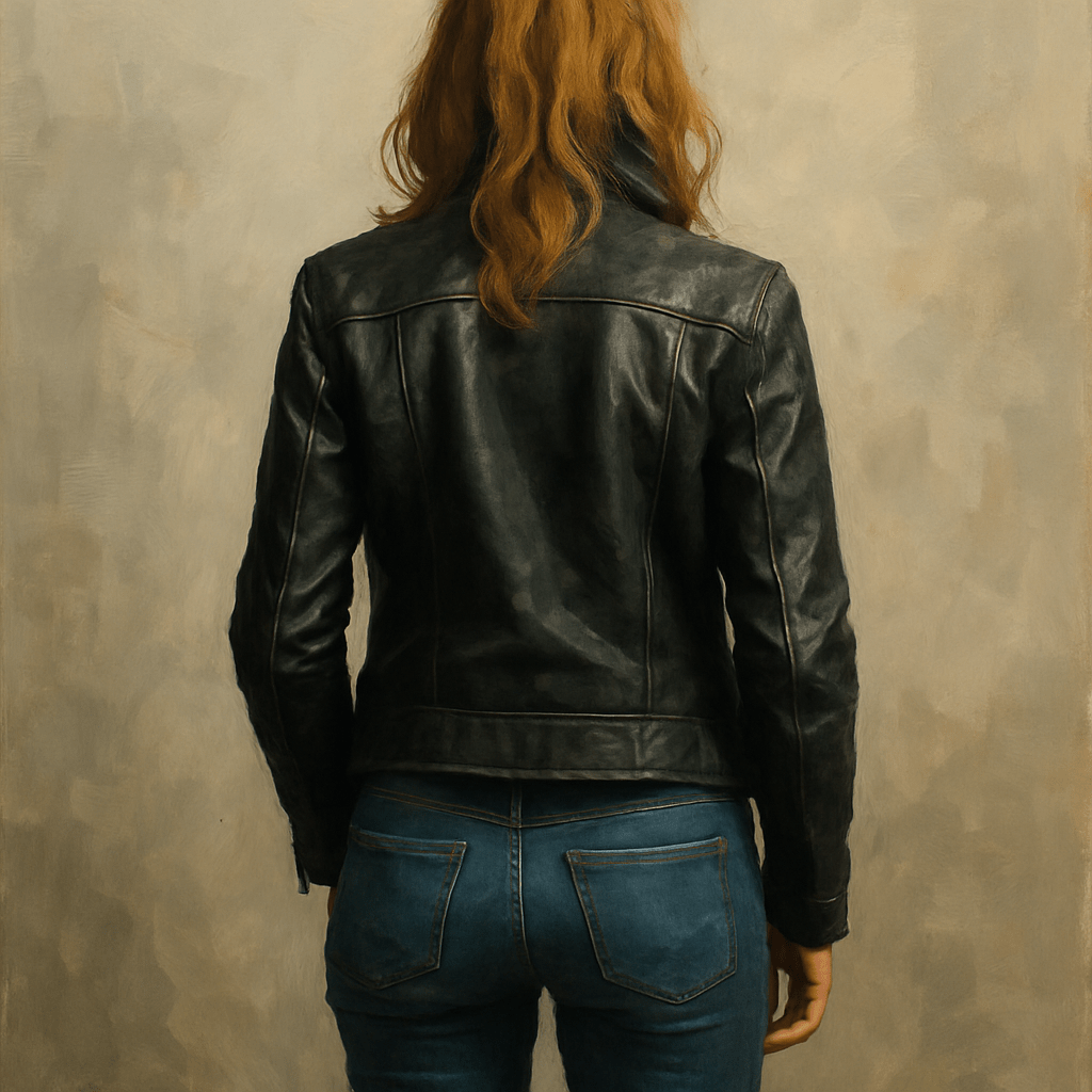 Mary Winchester stands with her back in a leather jacket and jeans.