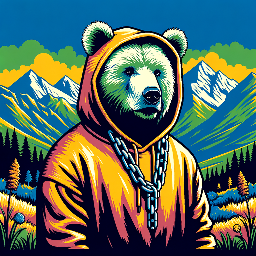 A bear in a hoodie in the mountains with a chain around his neck
