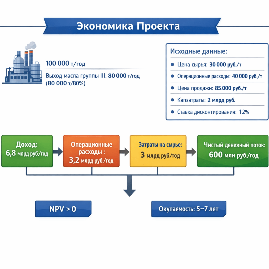 Input data:
processing volume: 100,000 t/year;
 yield of Group III oil: 80% (80,000 t);
 raw material price: 30,000 RUB/t;
 operating costs: 40,000 RUB/t of oil;
 selling price: 85,000 RUB/t;
 capital expenditures: 2 billion RUB;
 discount rate: 12%.

Results:
revenue: 6.8 billion rubles per year;
 operating costs: 3.2 billion rubles per year;
 raw material costs: 3 billion rubles per year;
 annual cash flow: 600 million rubles;
NPV > 0, payback period: 5–7 years.
нарисуй схему только без орфографических ошибок