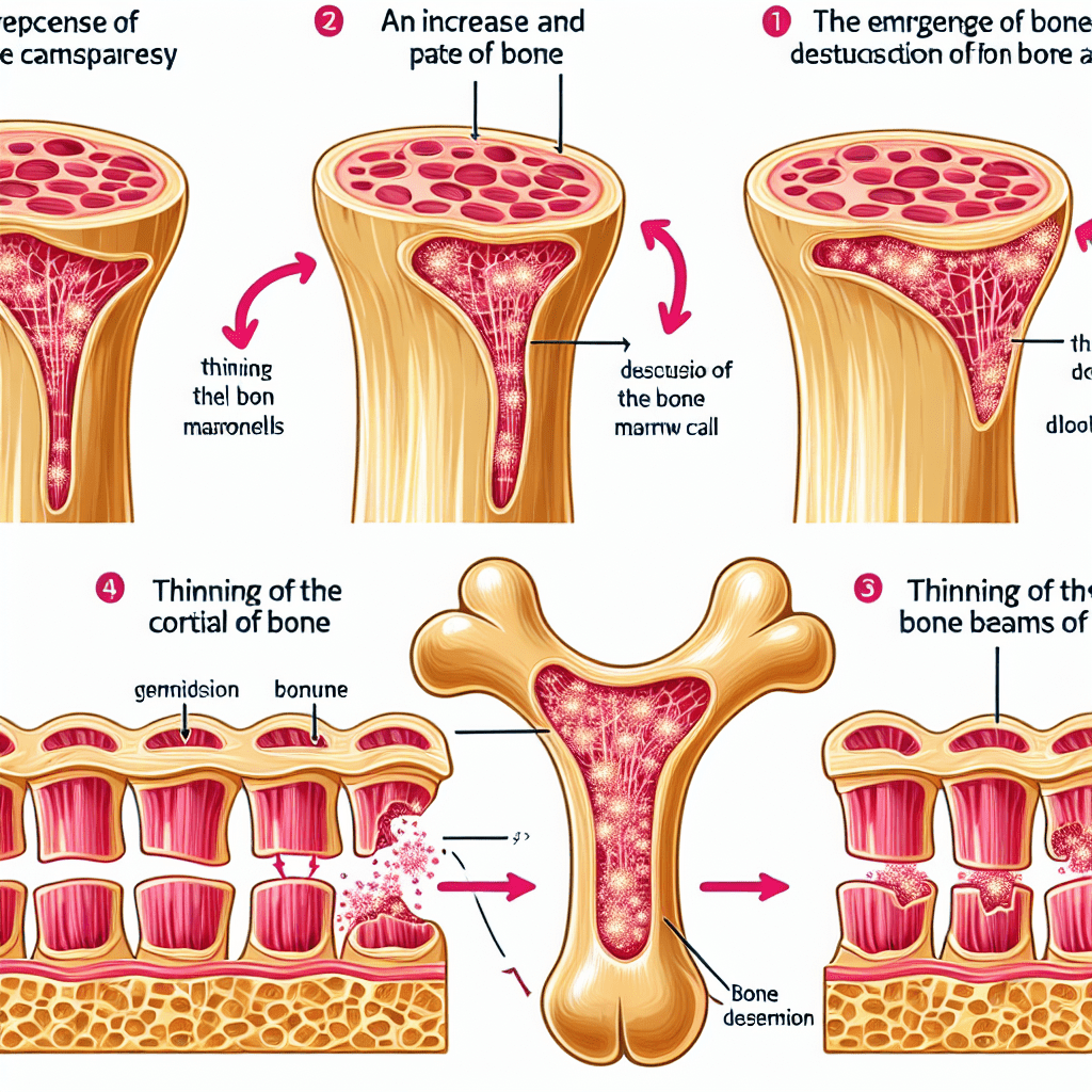 Нарисуй схему: 

Остеопороз:
1) повышением прозрачности кости; 
2) появлением крупнопетлистого рисунка кости в связи с истончением и разрушением отдельных костных балок стномозговых ячеек; 
3) истончением кортикального слоя кости за счет разрушения костных балок со стороны костномозгового канала;
