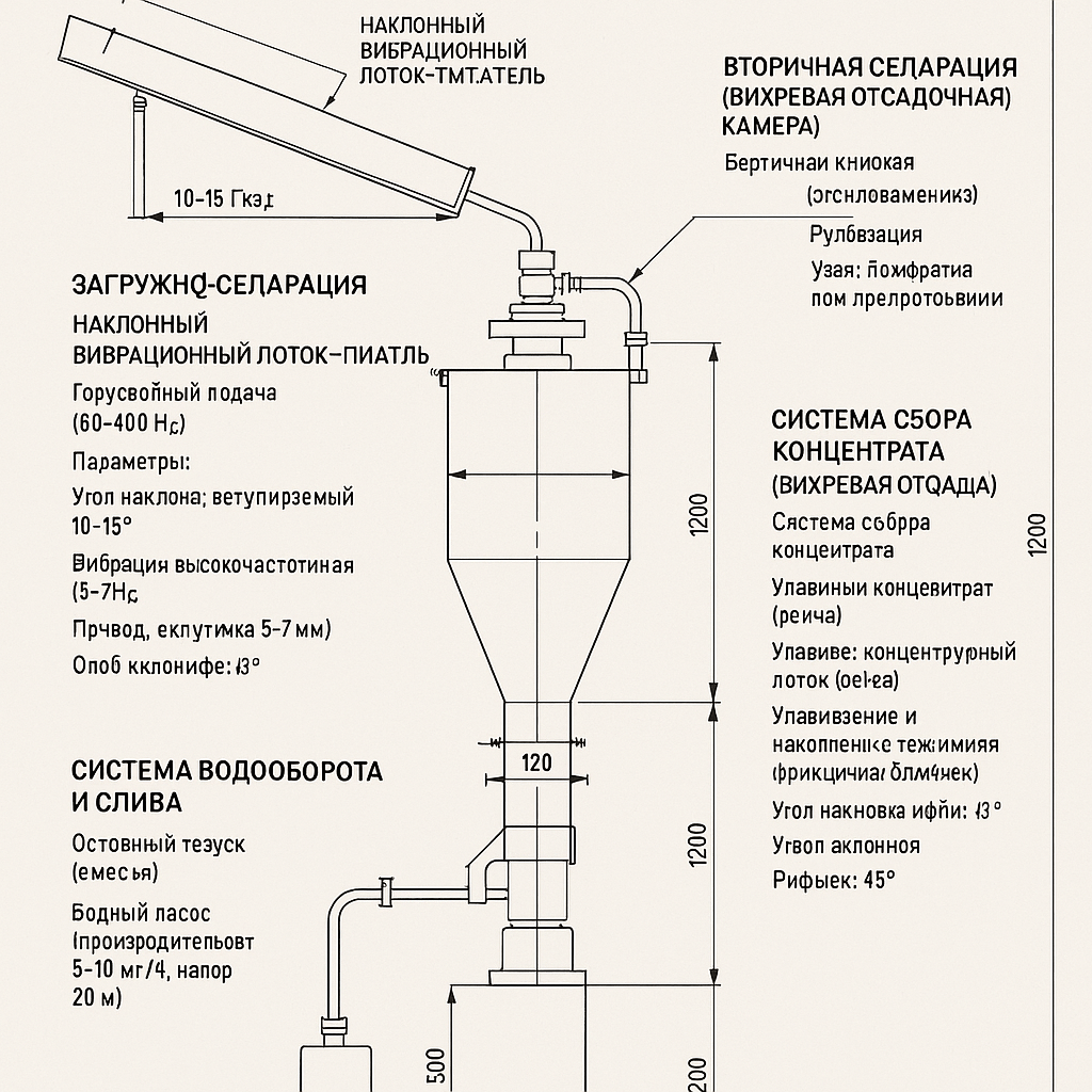 создай подробный чертёж для проекта по данному описания имеющий логичные характеристики на русском 
Техническое задание для генерации 3D-модели: «Вихревой гравитационный концентратор для сепарации импактных алмазов»
Цель устройства: Эффективная сепарация мелких частиц импактных алмазов (плотность ~3.5 г/см³) из рыхлых песчано-гравийных отложений (плотность породы ~2.6 г/см³) методом гравитационного обогащения с использованием восходящих гидравлических потоков.

Принцип работы: Разделение основано на разности плотностей материалов в восходящем потоке воды. Тяжелые фракции (алмазы) осаждаются в накопителе, легкие (песок, ил) выносятся через слив.

Конструктивные элементы и параметры:
1. Загрузочный узел:

Компонент: Наклонный вибрационный лоток-питатель.

Функция: Равномерная подача исходного материала (песчано-гравийная смесь - ПГС) с водой в промывочный барабан.

Параметры:

Угол наклона: регулируемый, 10-15°.

Вибрация: высокочастотная (50-100 Гц), для предотвращения залипания.

2. Первичная сепарация (Промывочный барабан):

Компонент: Цилиндрический вращающийся барабан с перфорированными стенками.

Функция: Отсев крупной фракции (>5-10 мм) и предварительное разрыхление материала.

Параметры:

Диаметр: 600-800 мм.

Длина: 2000-2500 мм.

Материал: износостойкая сталь (Hardox 400).

Диаметр перфорации: 5-8 мм.

Привод: электромотор с редуктором, скорость вращения 10-20 об/мин.

Подача воды: форсунки высокого давления внутри барабана.

3. Вторичная сепарация (Вихревая отсадочная камера):

Компонент: Вертикальный конический сепаратор (отсадочная машина).

Функция: Точное разделение тяжелой и легкой фракции.

Конструкция и параметры:

Форма: Усеченный конус (верхний диаметр 400 мм, нижний 150 мм, высота 1200 мм).

Пульсационный узел: Мембрана или поршень в нижней части камеры, управляемая электромагнитным приводом.

Режим пульсаций: Частота 1-2 Гц, амплитуда регулируемая. Создает восходящие импульсные потоки воды.

Система подачи пульпы: Патрубок в верхней части камеры, принимающий материал из барабана.

4. Система сбора концентрата:

Компонент: Съемный концентраторный лоток (рейка) в самой узкой нижней части конуса.

Функция: Улавливание и накопление тяжелой фракции (алмазов, гранатов, ильменита).

Параметры:

Материал: полиуретан с поперечными рифлями (высота рифлей 5-7 мм).

Угол наклона рифлей: 45°.

5. Система водооборота и слива:

Компоненты:

Отстойный резервуар (емкость 500 л).

Водяной насос (производительность 5-10 м³/ч, напор 20 м).

Сливной шлюз для легкой фракции (хвостов) в верхней части конической камеры.

Принципиальная схема процесса:
ПГС + Вода -> Вибрационный питатель -> Промывочный барабан (крупные отходы -> отвал) -> Пульпа (песок + вода + алмазы) -> Вихревая камера (легкая фракция -> слив) -> Тяжелая фракция (концентрат) -> накопительный лоток.

Это описание позволяет однозначно понять механику работы, ключевые компоненты и их взаимодействие для точной генерации модели или чертежа.