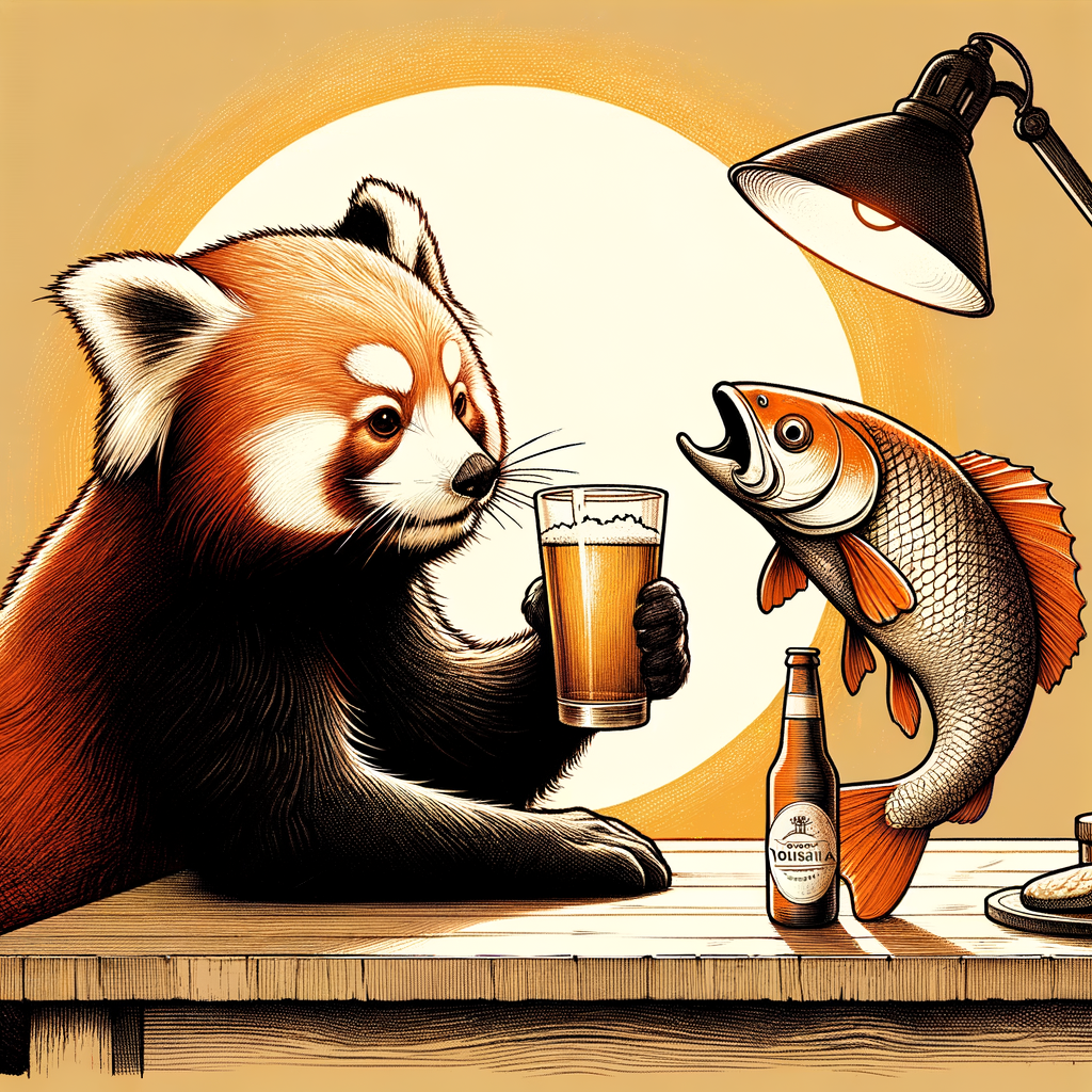 красная панда сидит за столом и пьет пиво с воблой