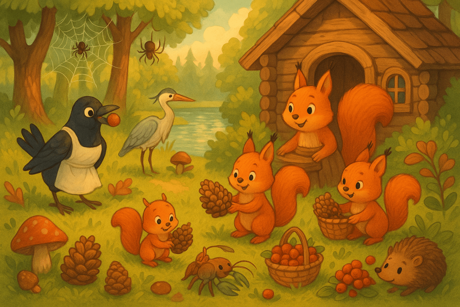 Лесная полянка, на ней стоит деревянный дом , где живет мама Белка с двумя бельчатами, неподалеку озеро, там живет Рак. Рядом живет Еж, Цапля , Паучихи плетут паутинку, и летает любопытная трещетка-Сорока в белом фартучке, все готовятся к зиме, собирают ягоды, грибы и шишки