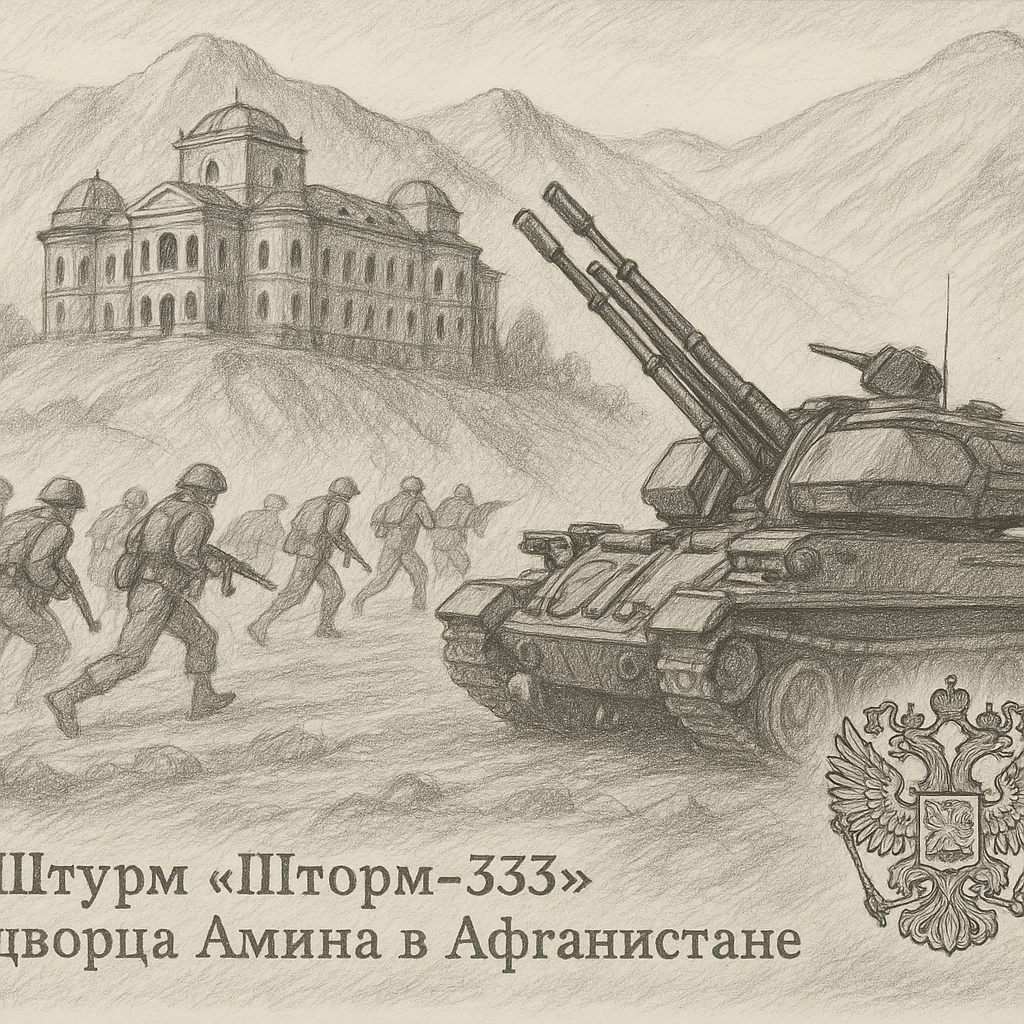 Штурм «Шторм–333» дворца Амина в Афганистане, позади горы, а также у подножия дворца стоит одна ЗСУ-23-4 «Ши́лка» в сторону дворца, внизу справа герб России