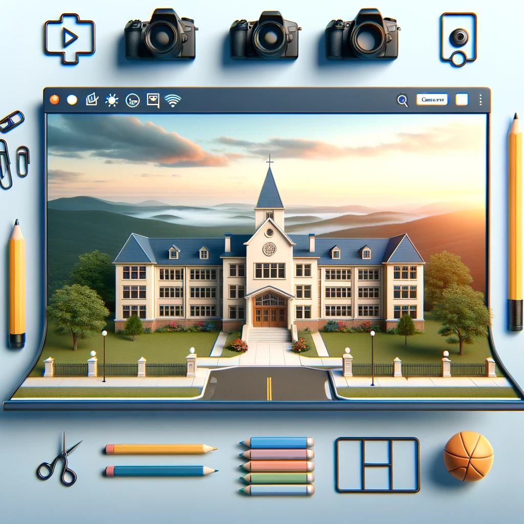 School screensaver - for school projects 
In the screensaver, you can use the school building, behind a beautiful background, a screensaver for school production so you can use 
mounting and camera icons (but in moderation) - also add some school supplies on the sides   
Be sure to leave a text field at the bottom or top (that is, do not fill it in with anything)