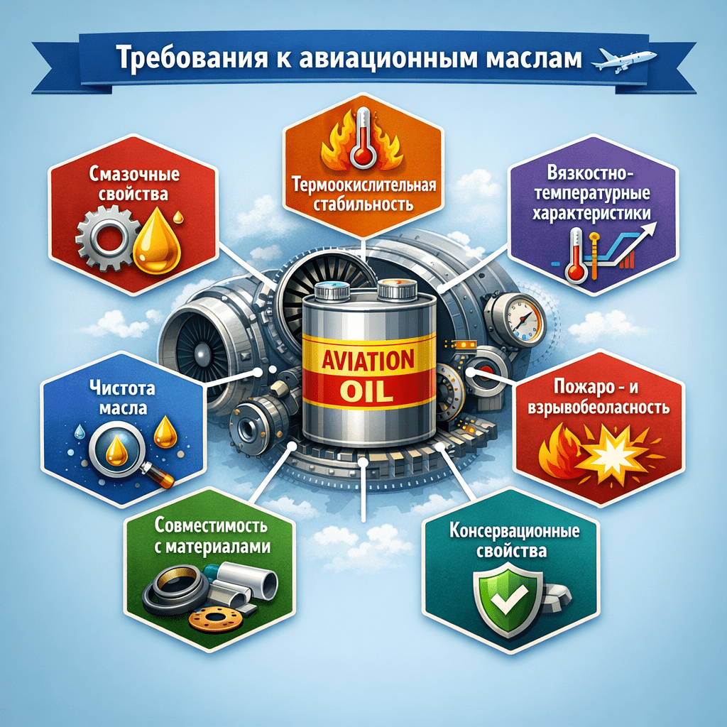 Aviation oils operate in extreme conditions — at high temperatures and pressures, in contact with various materials, at high altitudes, and under long-term loads. This imposes strict requirements on their physical, chemical, and operational properties.

 The key groups of requirements include:
lubricating properties, thermo-oxidative stability, viscosity-temperature characteristics, fire and explosion safety, compatibility with materials, oil purity, and preservation properties. нарисуй схему без орфографических ошибок