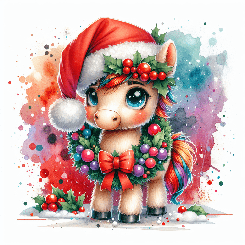 лошадка мультяшная  в шапочке в веночке, на белом фоне, Рождественский венок, яркая акварель, яркая аэрография, милота, счастье,