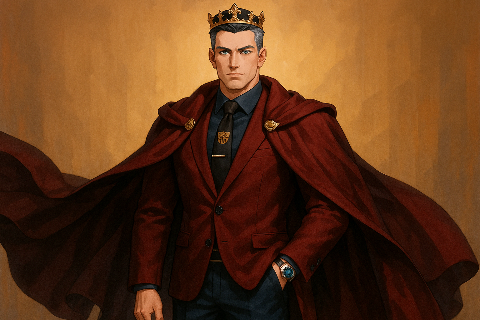 Король Оптимус Прайм: Современная интерпретация

В современном облачении Оптимус Прайм, Король Кибертрона, предстаёт как воплощение элегантной власти — сочетание монарха и успешного лидера XXI века.
В возрасте 33-35 лет он находится на пике своих физических и интеллектуальных возможностей. Его фигура (180-185 см) хоть и не выделяется чрезмерным ростом, но привлекает внимание королевской осанкой и уверенностью. Телосложение крепкое, атлетическое — результат многих лет тренировок и сражений, компактное и мощное. В его движениях чувствуется сбалансированность и сила, характерные для человека, привыкшего действовать решительно и эффективно.
Его гардероб олицетворяет утончённую власть с характерным цветовым сочетанием. Темно-красный пиджак безупречного кроя стал его визитной карточкой — сдержанный, но выразительный, подчёркивающий широкие плечи и уверенную осанку. Под ним — тёмно-синяя рубашка из высококачественного материала, идеально сочетающаяся с тёмно-синими брюками из дорогой ткани с едва заметным металлическим отливом.
Чёрный галстук с тонко вышитой золотой нитью эмблемой автоботов — единственный явный символ его происхождения и положения. Этот знак узнаваем для посвящённых, но достаточно сдержан, чтобы не привлекать лишнего внимания.
Завершает образ роскошный плащ-накидка с тёмно-бордовой подкладкой, напоминающий королевскую мантию, но адаптированный для современного мира. В официальных ситуациях он носит его на плечах, в моменты действия — позволяет свободно развеваться, создавая драматический эффект.
Обувь — безупречно начищенные чёрные лакированные ботинки, сочетающие классический стиль и практичность.
Его волосы представляют особый интерес — тёмно-синие, почти чёрные в определённом освещении, с необычным металлическим акцентом на висках, который создаёт впечатление преждевременной, но благородной седины. Стрижка короткая, аккуратная, с чётко выраженной линией.
Лицо Оптимуса сочетает классические черты: сильный подбородок, прямой нос, высокие скулы. Но самая выразительная деталь — его глаза с кристально чистыми голубыми зрачками, внимательные и проницательные. Взгляд короля Прайма одновременно твёрдый и понимающий, способный внушать уверенность одним и страх другим.
В официальных ситуациях он может дополнять свой образ сдержанными аксессуарами: платиновые часы с синим циферблатом, тонкое кольцо-печатка с символом Праймов или небольшой значок автоботов на лацкане пиджака.
Контраст темно-красного пиджака с тёмно-синей рубашкой и брюками создаёт узнаваемую цветовую схему, перекликающуюся с его обликом лидера автоботов, короля кибертрона, но в элегантной, современной интерпретации. Эта комбинация цветов мгновенно идентифицирует его как Оптимуса Прайма, даже без явных символов и знаков.
Оптимус невысок для короля, но его присутствие заполняет пространство, заставляя даже более высоких людей чувствовать себя в тени его авторитета. Это яркий пример того, что истинное величие не измеряется сантиметрами роста.