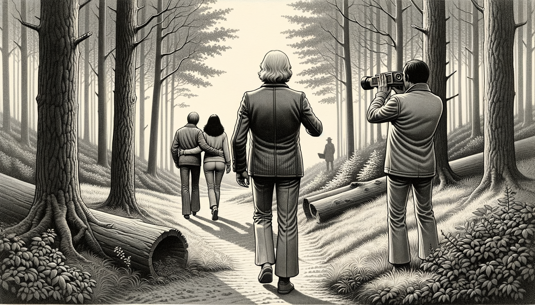 1976 год пара мужчина и женщина гуляют в лесу, спиной к нам мужчина и пристально наблюдает за ними