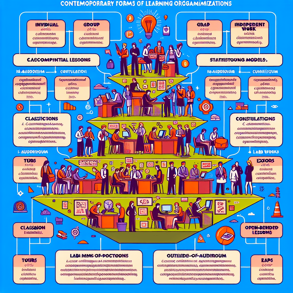 Сделай красивую и креативную классификацию на русском языке без опечаток. Используй рисунки. ВОТ ТЕКСТ: Составить обобщенную схему классификации современных форм организации обучения. 

Классификация современных форм организации обучения

По количеству учащихся
По числу участников учебного процесса различают три основных типа форм организации обучения:

Индивидуальная форма: Занятие проводится преподавателем индивидуально с одним учеником.
Групповая форма: Обучение осуществляется одновременно группой учеников, количество которых зависит от конкретных условий (обычно группа составляет около 15–30 человек).
Парная форма: Ученики работают парами, что позволяет развивать коммуникативные способности и взаимопомощь.
По месту проведения
Формы обучения также различаются в зависимости от места, где оно проходит:

Аудиторные (школьные): Проводятся непосредственно в классе школы или другого образовательного учреждения.
Внеаудиторные (внешкольные): Включают формы обучения, организованные вне стен школы, такие как экскурсии, выездные практики, походы и др.
По продолжительности занятий
Занятия могут длиться разное время в зависимости от конкретной ситуации:

Классическое занятие: Обычно длится 45 минут.
Спаренные занятия: Два последовательных урока общей продолжительностью примерно 90 минут.
Укороченные спаренные занятия: Продолжительность сокращается до 70–80 минут.
«Без звонка»: Занятия, продолжительность которых определяется содержанием материала и педагогическими задачами преподавателя.

Классификация В.И. Андреева
Основывается на структурном взаимодействии компонентов обучения по доминирующим целям:

Вводное занятие: Направлено на ознакомление учащихся с новым материалом.
Занятие по углублению знаний: Углубляет понимание ранее изученного материала.
Практическое занятие: Ориентировано на закрепление практических навыков.
Комбинированные формы занятий: Используют элементы всех перечисленных типов занятий.
Классификация Т.И. Шамовой
Выделяются этапы освоения знаний:

Освоение новых знаний:
Школьная учебная деятельность,
Проблемная лекция,
Экскурсия,
Лабораторная работа,
Учебный трудовой практикум.
Закрепление знаний, формирование навыков и умений:
Практикум,
Лабораторная работа,
Семинар,
Консультация.
Выработка умений:
Семинары,
Диспуты,
Ролевые и учебно-деловые игры.
Обобщение и систематизация знаний:
Конференции,
Уроки-обобщения,
Семинары.
Определение уровня усвоенных знаний, умений и навыков:
Контрольные уроки,
Коллоквиумы,
Зачетные занятия.
Классификация В.А. Онищука
Подразделяет формы организации обучения по дидактическим целям:

Теоретические формы.
Практические формы.
Трудовые формы.
Комбинированные формы.
Классификация И.М. Чередова
Определяет формы обучения по способу управления познавательной деятельностью учащихся:

Фронтальное обучение.
Групповое обучение:
Звеньевое,
Бригадное,
Кооперированно-групповое,
Дифференцированно-групповое.
Индивидуальное обучение.
Дополнительные формы организации обучения
Дополнительные формы включают:

Дополнительные занятия.
Консультации.
Домашняя самостоятельная работа.
Учебные конференции.
Лекции.
Семинарские занятия.
Практикумы.
Лабораторные работы.
Экскурсии.
Коллоквиумы.
Зачёты.
Экзамены.
Вспомогательные формы организации обучения: Факультативы.
Клубная и кружковая работа.

эпизодические мероприятия, такие как:

Олимпиады.
Викторины.
Конкурсы.
Выставки.
Экспедиции.
 НА РУССКОМ ЯЗЫКЕ БЕЗ ОПЕЧАТОК. Составь креативно и красиво

Факультативы.
Клубная и кружковая работа.
Кроме постоянных форм существуют эпизодические мероприятия, такие как:

Олимпиады.
Викторины.
Конкурсы.
Выставки.
Экспедиции.
