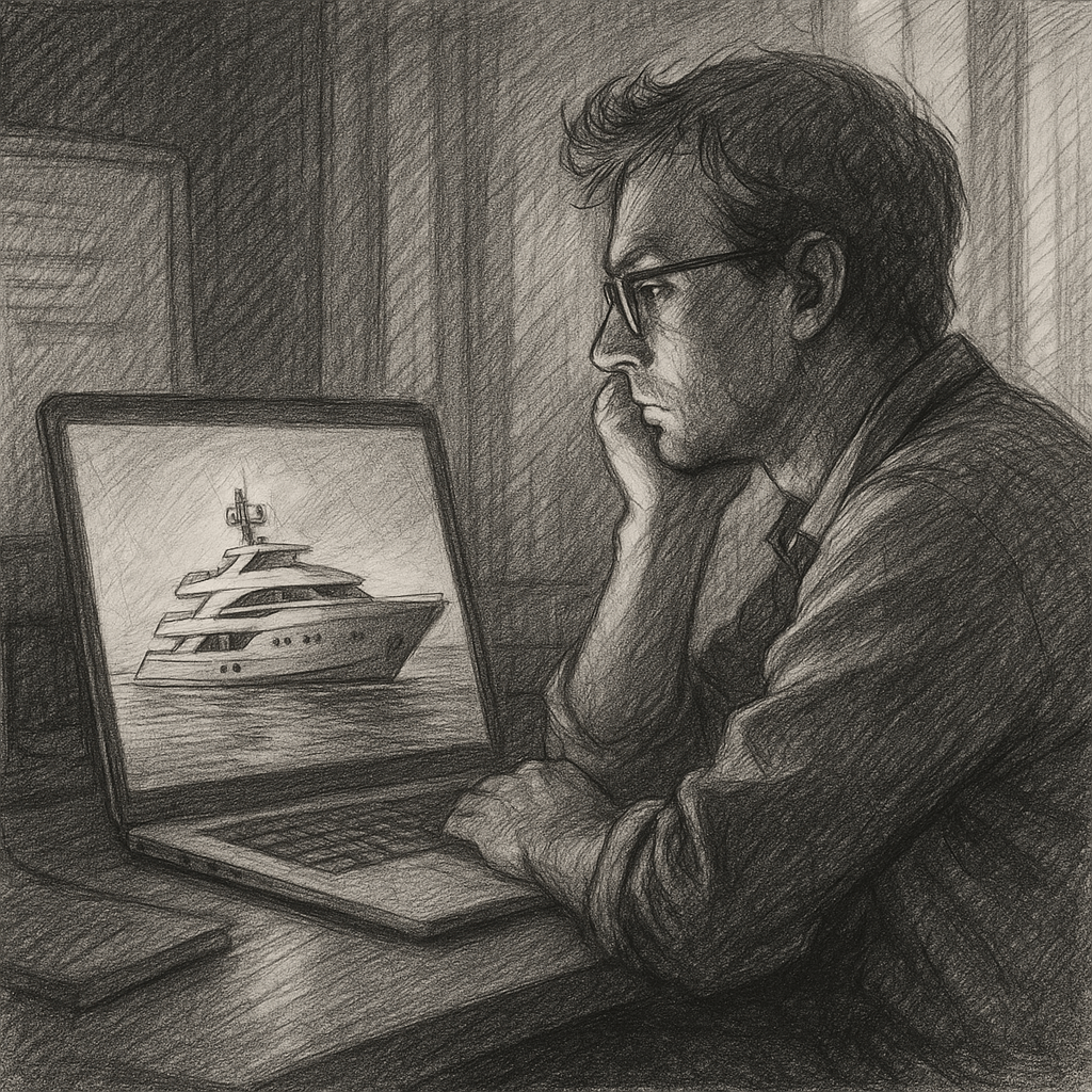 A programmer looks at a new yacht on his computer instead of working A programmer looks at a new yacht on his computer instead of working
