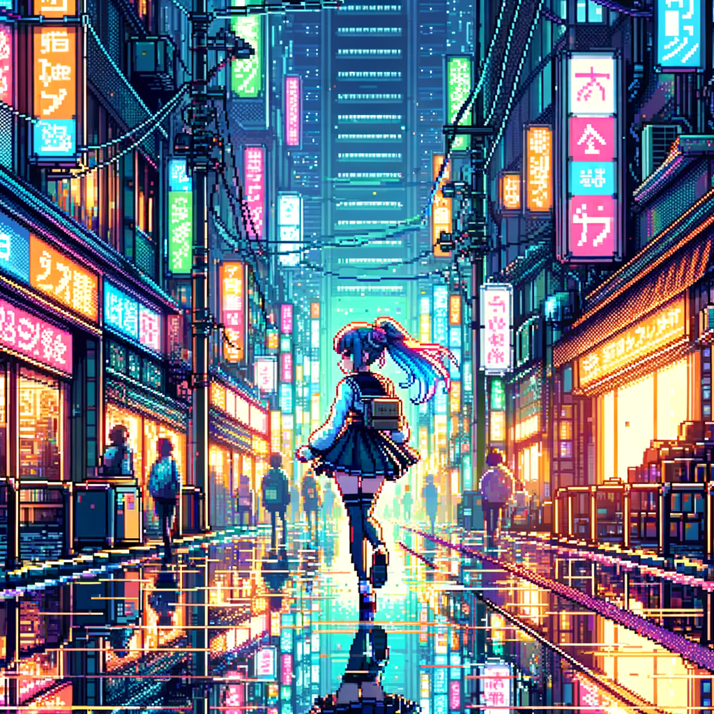 Anime girl in cyberpunk Tokyo, neon lights, reflective wet street, detailed background, cinematic style, soft focus, vibrant colors