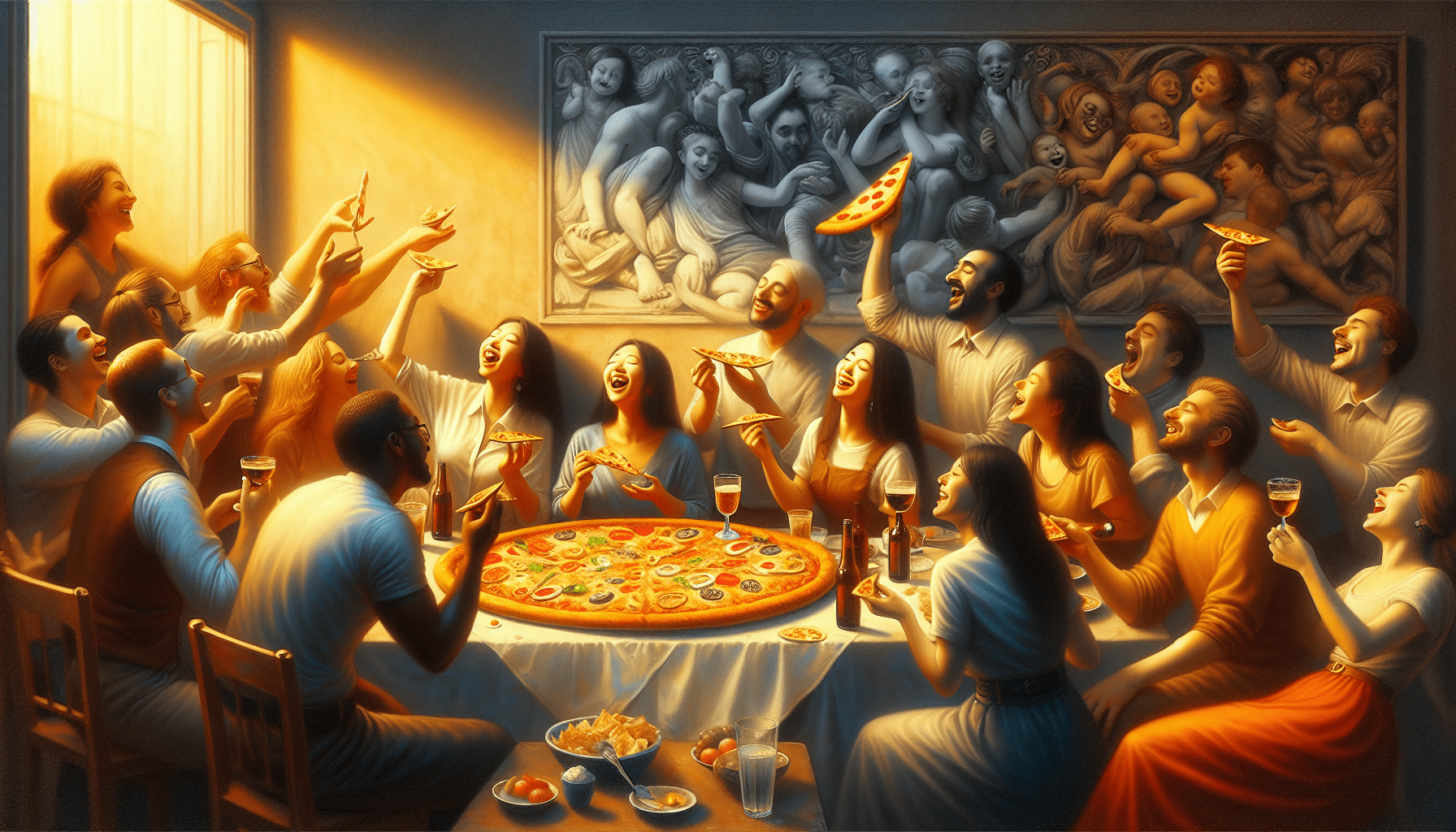 Pizza and happy people around.