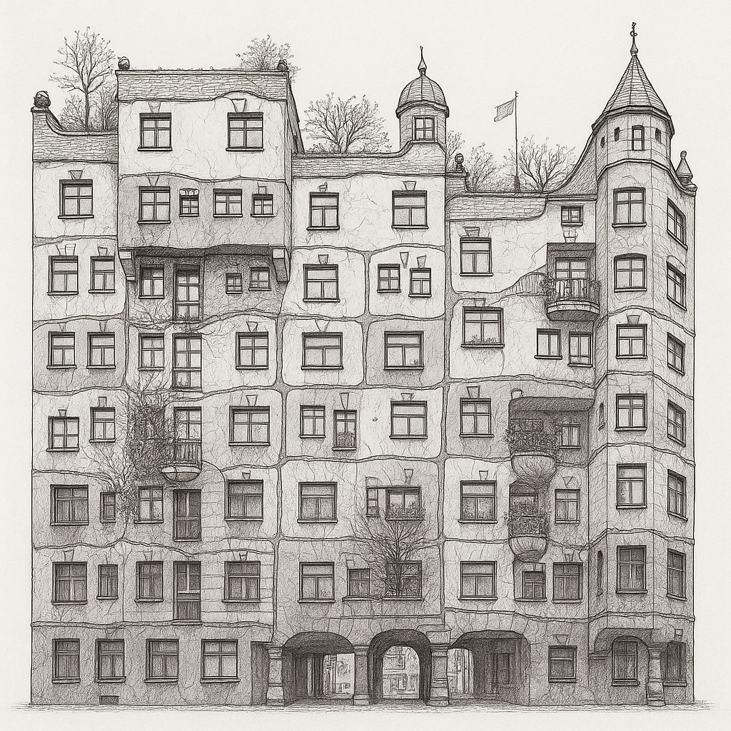 Drawing of all the facades of the Hundertwasser house in Vienna, preserving the scale and accuracy of the actual building