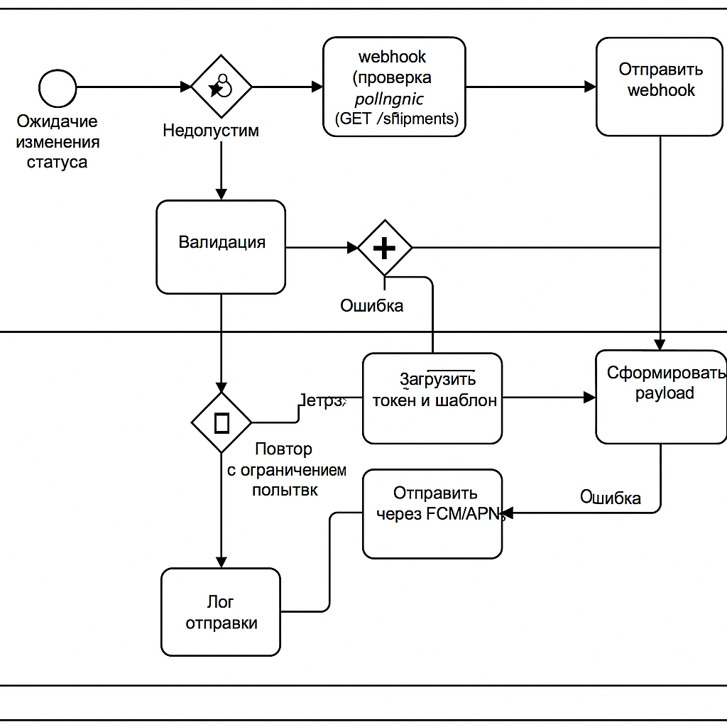BPMN-диаграмма: Пулы «Сервис доставки» и «Маркетплейс» (дорожки Order Service, Notification Service, БД). Старт — ожидание изменения статуса. Event-шлюз: webhook (проверка подписи) или polling (таймер, GET /shipments). Валидация перехода (Order Service). Если недопустим — лог и конец. Если да — параллельный шлюз: сохранение статуса в БД и отправка уведомления. Отправка: загрузить токен и шаблон, сформировать payload, отправить через FCM/APNs. Если ошибка — повтор с ограничением попыток. Лог отправки в БД. Внешний пул: задача «Отправить webhook» и «Ответ на API-запрос». Все элементы подписать.
