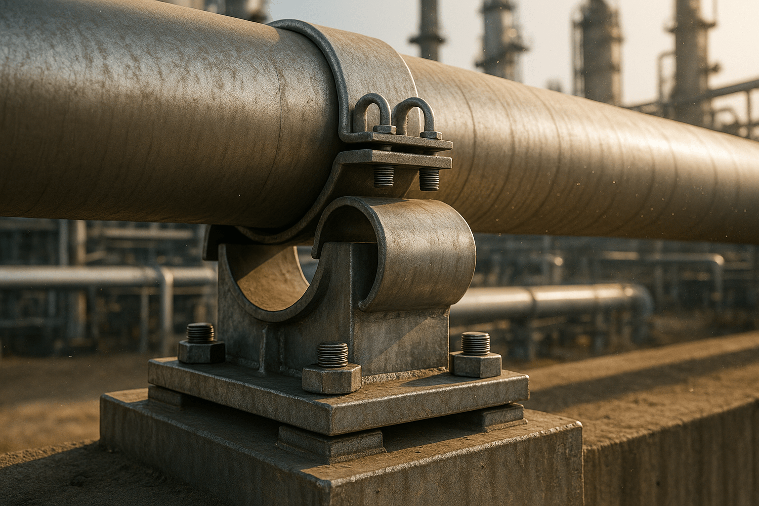 Photorealistic industrial close-up of a steel sliding pipe support (movable support) holding a heavy insulated oil pipeline. Detailed metal texture, steel base plate, bolts, and U-bolts. Cinematic lighting, morning sunlight, dust particles in the air. High-pressure industrial environment background, power plant or refinery setting. 8k resolution, shot on 35mm lens, sharp focus, highly detailed engineering construction.
Professional architectural photography, wide angle, bright daylight, realistic shadows, crisp details.