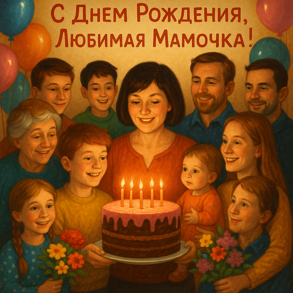 Нарисуй открытку, где семья поздравляет с днем рождения свою маму. Дарят ей большой торт. Вокруг шарики, в руках гостях цветы. Мама с темным волосом, стрижка каре, семья: дочь со светлым волосом, сын с темным волосом, муж с темно- светлым волосом, жена сына с русым длинным волосом на руках держит годовалую внучку, муж дочери с темным волосом, внуки подросток парень с рыжим волосом, внучка с русыми двумя косичками, и бабушка. Подписана открытка с днем рождения, Любимая мамочка! Нарисуй открытку, где семья поздравляет с днем рождения свою маму. Дарят ей большой торт. Вокруг шарики, в руках гостях цветы. Мама с темным волосом, стрижка каре, семья: дочь со светлым волосом, сын с темным волосом, муж с темно- светлым волосом, жена сына с русым длинным волосом на руках держит годовалую внучку, муж дочери с темным волосом, внуки подросток парень с рыжим волосом, внучка с русыми двумя косичками, и бабушка. Подписана открытка с днем рождения, Любимая мамочка!
