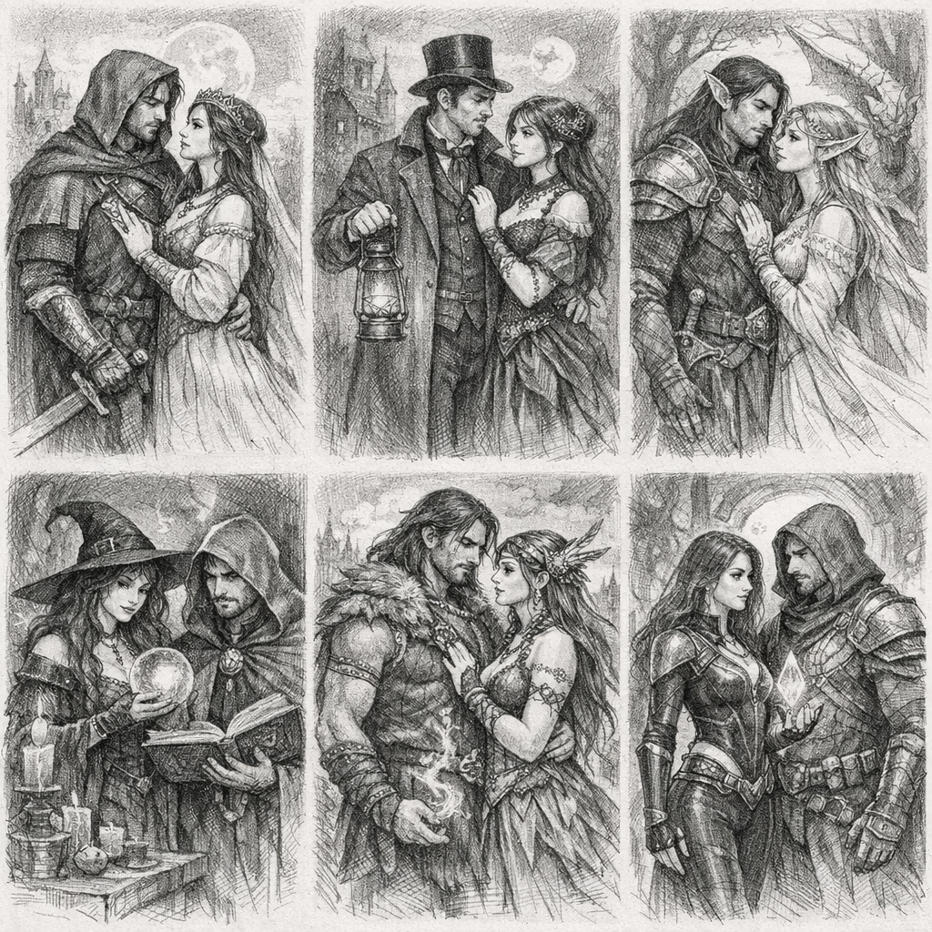 Создай образы женщины и мужчины штук шесть в разные года, добавь элементы мистики, фэнтази