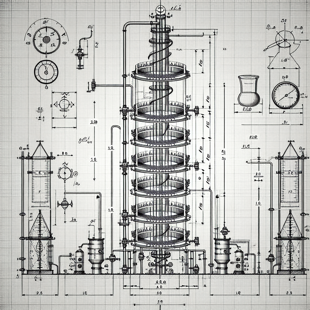 создай схему тарельчатой ректификационной колонны диаметром D 2 м и высотой H 15,5 м в которой применяются ситчатые тарелки расстояние между которыми h 0,5 м. Число тарелок для верхней части колонны 19 шт, для нижней 13 штук. Добавь на чертеж компенсаторы и теплообменники