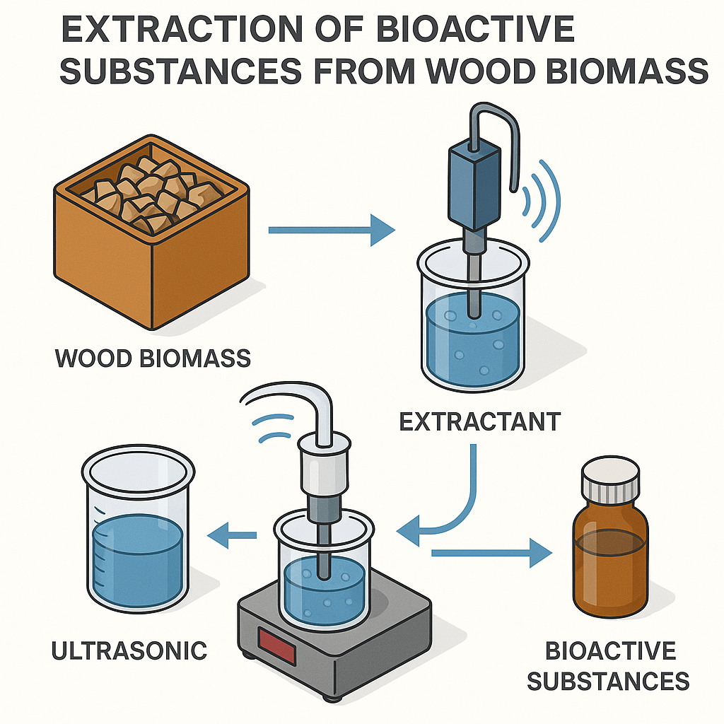 Schematic technology of the process of extracting biologically active substances from wood biomass using the ultrasonic method. Schematic technology of the process of extracting biologically active substances from wood biomass using the ultrasonic method.
