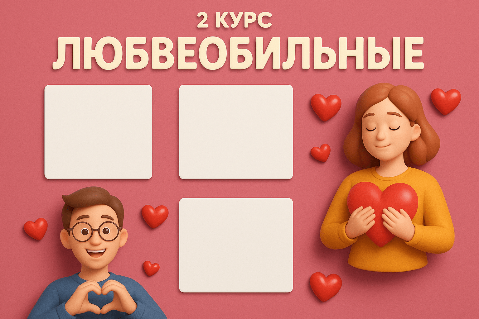 Создать постер для 2 курса студентов на тематику "Любвиобильные". Нужно оставить место для вставки 3-х изображений Создать постер для 2 курса студентов на тематику "Любвиобильные". Нужно оставить место для вставки 3-х изображений