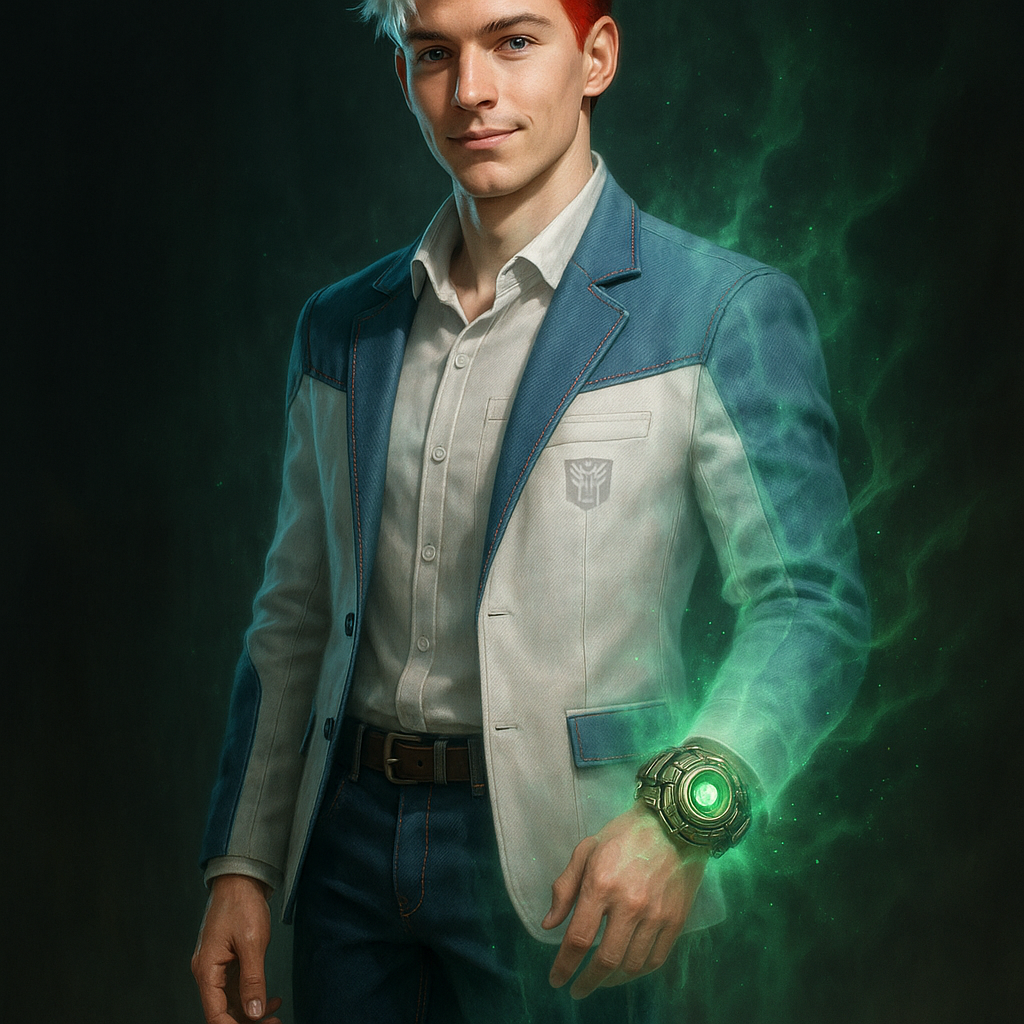 Смоукскрин  21 год младший солдат, специальный агент.  
Молодой мужчина атлетического телосложения, ростом 177 см. Его волосы представляют собой уникальное сочетание цветов — основной белый, нежный йогуртовый  оттенок с красными элементами на висках. Стрижка современная, с легкой небрежностью, рванной челкой, подчеркивающей его молодость и некоторую импульсивность.
Глаза голубые. Черты лица правильные, с постоянной полуулыбкой, которую некоторые ветераны считают чрезмерно самоуверенной. Предпочитает элегантный джинсовый костюм, сшитый по индивидуальным меркам, с акцентами белог и синих цветов, отражающими его оригинальную автоботскую расцветку. Белый иджак приталенного кроя с продуманными деталями — синие нашивки на локтях, стильная отделка воротника, скрытые внутренние карманы для технических устройств.
Брюки из того же материала, с идеальной посадкой и декоративными элементами, зеркально повторяющими дизайн пиджака. Под верхней одеждой обычно носит белую рубашку с минималистичным логотипом автоботов, заметным только при близком рассмотрении.
Обувь — высокие кроссовки. Сочетание белого, синего и красного в дизайне обуви гармонирует с общей цветовой схемой костюма.
Главное отличие Смоукскрина от других молодых автоботов — фазовый переключатель, закрепленный на его правом запястье. Устройство выглядит как футуристический браслет с круглым зеленым кругом в центре, окруженным подвижными металлическими элементами с древними кибертронскими символами. 
При активации предмет начинает пульсировать ярким зеленым светом, создавая вокруг Смоукскрина характерное свечение и давая ему способность проходить сквозь твёрдые объекты. Полная активация переключателя сопровождается частичной прозрачностью тела его владельца.
Согласно отчетам технического отдела, фазовый переключатель является древним артефактом, полный потенциал которого до сих пор не раскрыт. Смоукскрин демонстрирует удивительную совместимость с устройством, регулярно обнаруживая новые способы его применения, что вызывает как восхищение, так и некоторое беспокойство у старших офицеров.
Смоукскрин сочетает в себе энергию и энтузиазм молодого воина с искренней преданностью делу автоботов. Несмотря на относительно короткий срок службы, проявляет высокие способности в тактическом планировании и импровизации в боевых условиях.
Отношения с ровесниками из других фракций (Бамблби, Зубастиком и Скурджем) характеризуются смесью здорового соперничества и взаимного уважения. Особенно близкая дружба сформировалась с Бамблби благодаря схожим ценностям и подходу к службе.
Отличается немного самоуверенным поведением и склонностью действовать по собственной инициативе, иногда игнорируя прямые приказы. Однако эти качества компенсируются искренней верой в идеалы автоботов и готовностью учиться у более опытных соратников.
**ПРИМЕЧАНИЕ ОПТИМУСА ПРАЙМА:**  
*"Смоукскрин представляет будущее автоботов — молодых воинов, выросших во время конфликта, но смотрящих с надеждой вперед. Его энтузиазм и непредсказуемость иногда создают трудности в командной работе, но эти же качества делают его ценным членом нашей команды, особенно в нестандартных ситуациях. Фазовый переключатель в его руках стал не просто инструментом, но продолжением его уникальной личности".