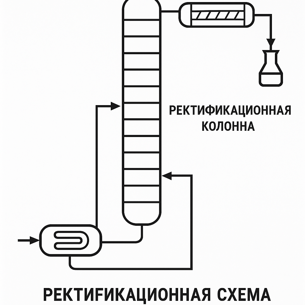 принципиальная технологическая схема ректификационной установки, чертеж в стиле инфографики, четкие линии на белом фоне, с подписями основных аппаратов: ректификационная колонна принципиальная технологическая схема ректификационной установки, чертеж в стиле инфографики, четкие линии на белом фоне, с подписями основных аппаратов: ректификационная колонна