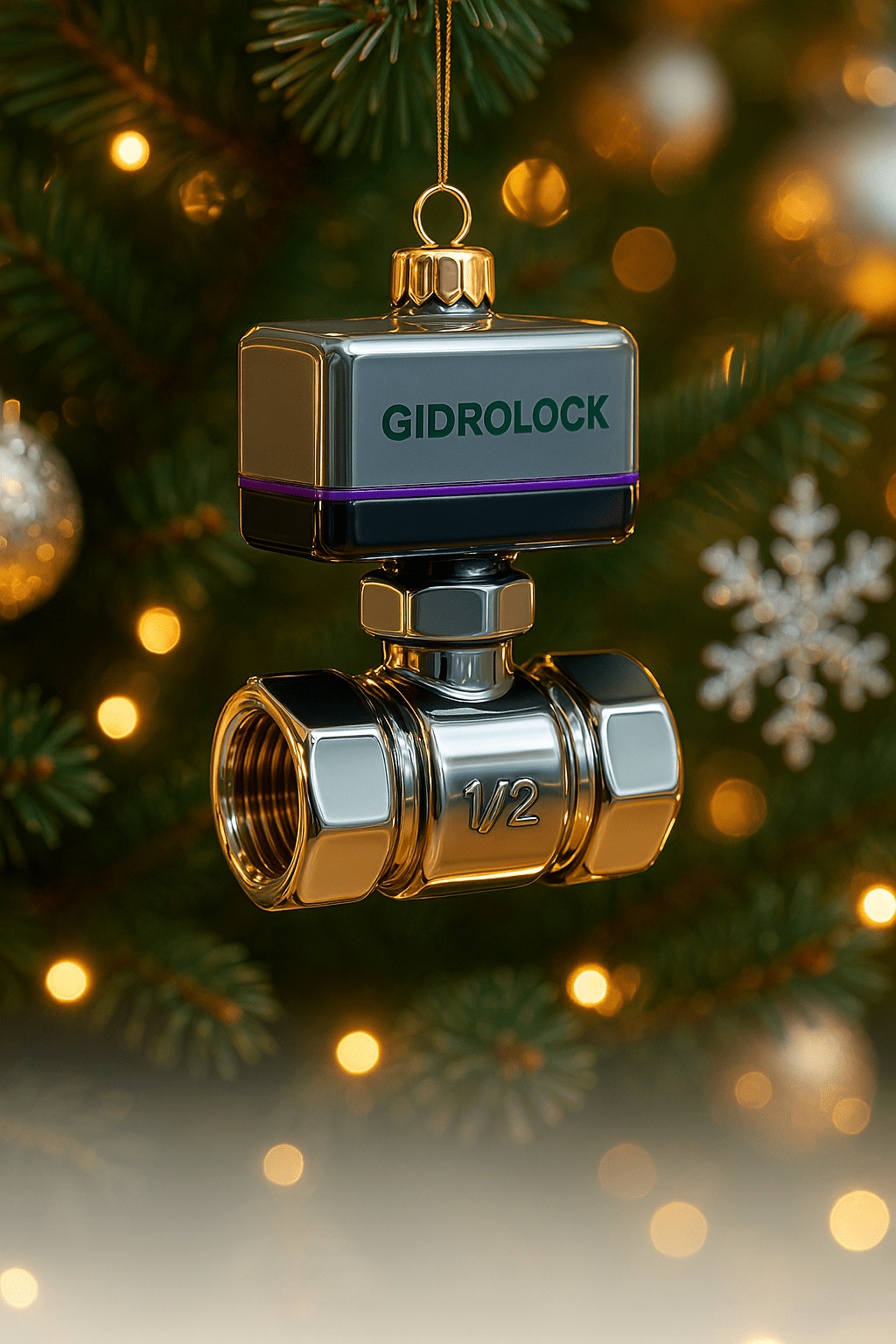 Photorealistic New Year's scene. Christmas tree ornament in the form of a Gidrolock ball valve with electric actuator: compact brass ball valve with a massive metallic body, precise lathe-turned finish, and hexagonal zones for the wrench, featuring a small 1/2 engraving on the side. Mounted on top is a rectangular electric actuator with smooth edges, actuator body in engineering tones (gray, black, metallic with a neat brand color accent), with a clean Gidrolock inscription on the side. The entire unit looks like a monolithic, reliable technical module for automatic water shutoff, with slightly slimmed-down proportions to aesthetically fit as an ornament. This entire valve-actuator assembly is rendered as a volumetric New Year's hanging glass ornament with glossy reflections and shine, topped with a thin golden loop and hanging thread.

The ornament hangs on a fluffy, festively decorated Christmas tree among green needles, twinkling garlands, silver and gold balls, snowflakes, and warm glowing lights. Shallow depth of field: the valve-ornament in sharp focus, tree background and lights softly blurred, creating a festive glow. Warm, New Year's color atmosphere, possibly with yellow-purple light accents. In the lower part of the frame (about the bottom third of the image), a clean, bright, slightly blurred space without details, with a soft gradient, specifically left for greeting text so the inscription reads clearly. Gidrolock brand colors: green and purple. Aspect ratio: horizontal 16:9. Medium: postcard. Style: professional studio product photography, high detail, realistic lighting, 8K, festive mood. Leave empty space at the bottom of the image for the inscription, do not write any information, the space must be free.