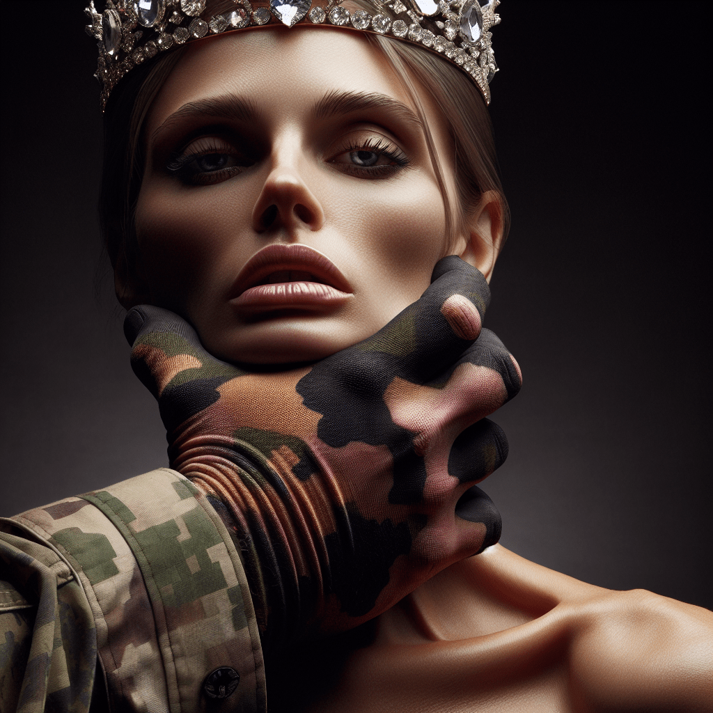 Промт:

Создайте изображение женщины с короной, украшенной стразами и бриллиантами. Не меняйте черты ее лица, лицо слегка наклонено в сторону и вверх, с поднятым подбородком. Большая, мускулистая мужская рука в военной форме с перчаткой цвета мультикам, крепко сжимает ее подбородок. Рука кажется мощной, Пальцы обхватывают ее подбородок, сжимая его, создавая ощущение контроля и притяжения. Рука отчетливо мужественная, с четко выраженными линиями,
Женщина пристально смотрит на руку с преследующим выражением лица.
Корона украшена стразами и бриллиантами, которые едва мерцают в тусклом свете. Фон должен быть твердым, создавая резкий контраст между объектом и атмосферой.
Освещение должно подчеркивать сильные контрасты между светом и тенью, добавляя драматизм и жуткость сцене.