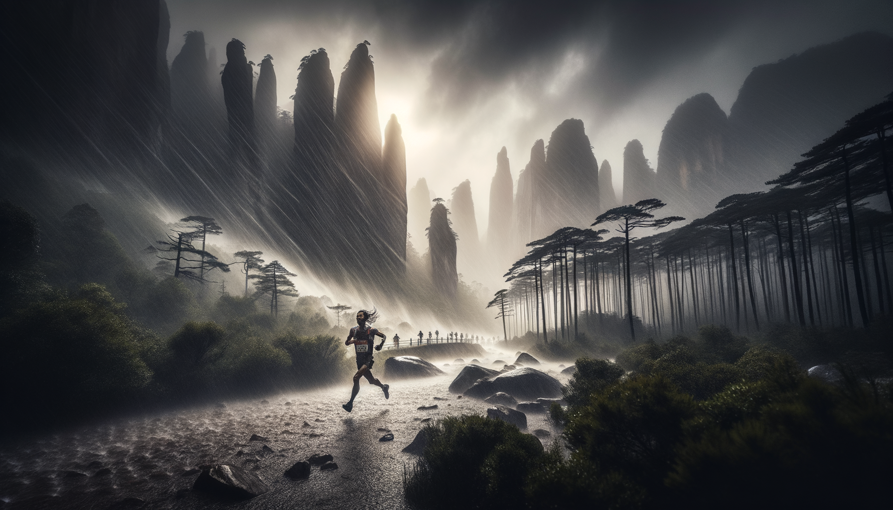В Каменном лесу Хуанхэ, Китай ультрамарафон пересеченной местности, дождь и сильный ветер, бежит через ветер и дождь один бегун