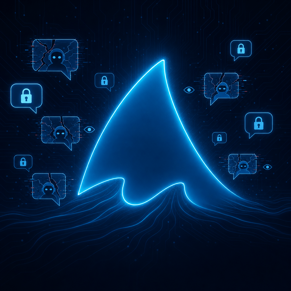 Minimalist cybersecurity poster, portrait 4:5. Background: dark navy (#0A1628) with subtle circuit-board texture lines and tiny dots (very low contrast). In the center: a large glowing abstract shape resembling a stylized shark fin rising from a wave, formed by azure blue light (#1B9CD6) with electric-cyan neon glow and soft 3D depth; it should read as a protective shield. The fin/light-shape emanates a subtle halo and light rays, with a wave base implied in thin luminous strokes. Around the shield: floating chat speech bubbles in varying sizes; some bubbles are pristine with small lock icons (safe/private), others are cracked with glitching edges and contain faceless bot silhouettes plus small eye shapes peeking out (threat visualization). Use cyan and electric blue neon accents, crisp modern flat-vector style with gentle shading, sharp edges, high detail, professional look. Leave clean empty negative space in the lower-right corner for a logo (no text). Overall composition balanced and techy, minimal typography (none). 4k quality, high resolution, sharp focus, soft 3D depth + flat vector blend, no watermark, no extra text.