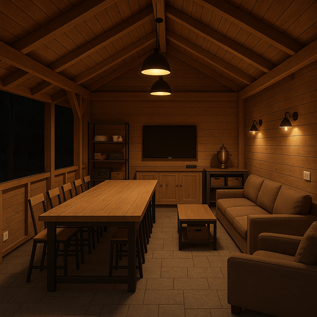 It is necessary to plan the furniture layout and electrical setup (outlets, switches, lighting, TV placement) in a **gazebo measuring 4 meters wide and 7 meters long**. The gazebo features a **gable roof** with the ridge beam running parallel to the long side (7m), reaching a **ridge height of 2.5 meters**.
**Walls:**
- The back wall (7m long) and right side wall (4m long) are **solid (enclosed)**.
- The front wall and left side wall are **partially enclosed with timber framing up to 1 meter in height**.
- There is a **1-meter-wide door opening** on the front side, positioned **left of the corner** for entry.
**Furniture to Include:**
- One **loft-style wooden table** (3.5m long × 1m wide).
- Seating for **10–12 people** (sofa and armchairs).
- Storage space for:
- Tableware
- Tools/equipment
- Board games
- Barbecue accessories
- Samovar
**Key Considerations:**
- Functional zoning (dining, lounge, storage, barbecue/serving area).
- Electrical planning: outlets, switches, layered lighting, TV position.
- Efficient use of space and clear circulation paths. It is necessary to plan the furniture layout and electrical setup (outlets, switches, lighting, TV placement) in a **gazebo measuring 4 meters wide and 7 meters long**. The gazebo features a **gable roof** with the ridge beam running parallel to the long side (7m), reaching a **ridge height of 2.5 meters**.
**Walls:**
- The back wall (7m long) and right side wall (4m long) are **solid (enclosed)**.
- The front wall and left side wall are **partially enclosed with timber framing up to 1 meter in height**.
- There is a **1-meter-wide door opening** on the front side, positioned **left of the corner** for entry.
**Furniture to Include:**
- One **loft-style wooden table** (3.5m long × 1m wide).
- Seating for **10–12 people** (sofa and armchairs).
- Storage space for:
- Tableware
- Tools/equipment
- Board games
- Barbecue accessories
- Samovar
**Key Considerations:**
- Functional zoning (dining, lounge, storage, barbecue/serving area).
- Electrical planning: outlets, switches, layered lighting, TV position.
- Efficient use of space and clear circulation paths.