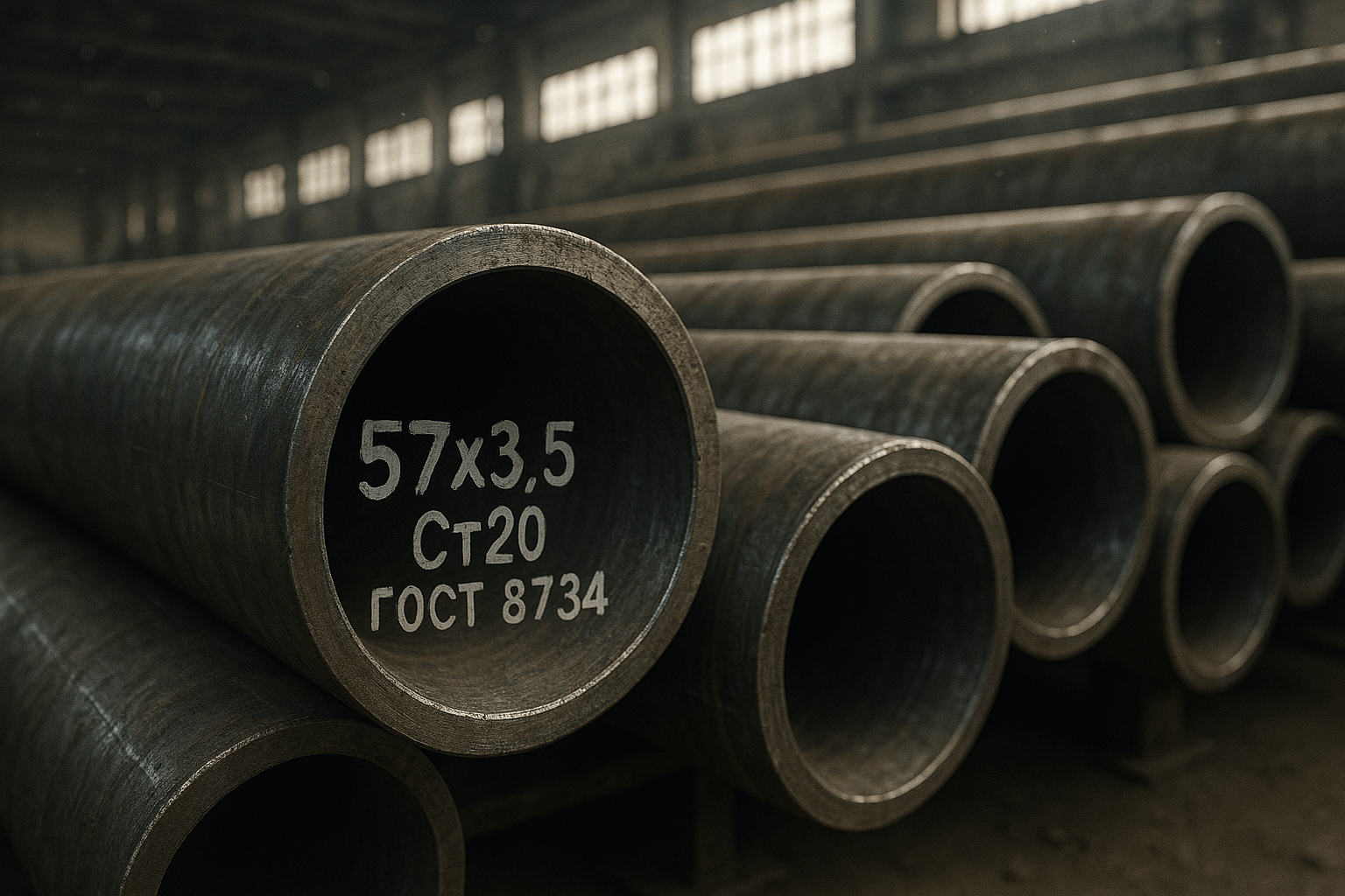 Фотография, макросъемка, секция стальных труб по ГОСТ 8734, лежащих на складе металлопроката. Трубы бесшовные горячедеформированные, наружная поверхность с легкой окалиной и следами производственной смазки, видны небольшие царапины от транспортировки. Резкая металлическая текстура, реалистичное заводское освещение с высокими окнами, пыльный воздух. Стиль: гиперреализм, industrial photography, высокая детализация, 8K. На переднем плане торец трубы с маркировкой краской: "57x3.5 Ст20 ГОСТ 8734". Фотореалистично, шум сенсора, естественный свет. неподвижные опоры трубопроводов