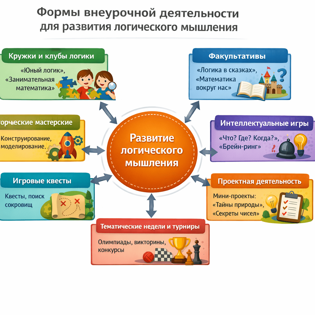 Формы внеурочной деятельности для развития логического мышления
На практике хорошо зарекомендовали себя следующие формы организации внеурочной работы:

Кружки и клубы логического развития («Юный логик», «Занимательная математика», «Клуб юных исследователей»). В рамках кружков дети регулярно решают задачи на логику, играют в стратегические игры, учатся строить рассуждения.

Факультативы с тематическим уклоном (например, «Логика в сказках», «Математика вокруг нас»), где материал подаётся в нестандартной форме и связан с жизненными ситуациями.

Интеллектуальные клубы и викторины («Что? Где? Когда?» для младших школьников, «Брейн-ринг», тематические квизы). Такие мероприятия развивают умение быстро анализировать информацию и принимать коллективное решение.

Проектная деятельность. Дети выполняют мини‑проекты («Секреты чисел», «Тайны природы», «Как устроен город»), в ходе которых учатся выдвигать гипотезы, собирать и систематизировать данные, делать выводы.

Игровые программы и квесты. Сюжетные игры с логическими заданиями (поиск «сокровищ» по карте, прохождение «станции» с головоломками) мотивируют ребёнка думать, сопоставлять, искать причинно‑следственные связи.

Творческие мастерские с элементами логики (конструирование, моделирование, создание макетов), где требуется планировать действия, анализировать образец и воспроизводить его по схеме.

Тематические недели и дни интеллектуальных игр — краткосрочные интенсивные формы, включающие конкурсы, олимпиады, выставки логических задач, созданные самими детьми. создай научную схему на русском языке
