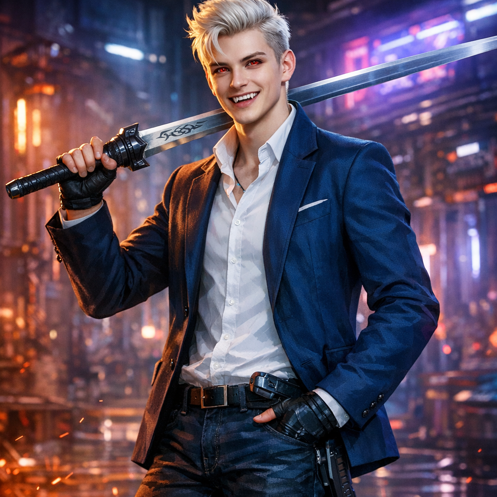 Молодой человек — один из самых верных заместителей лорда Гальватрона, несмотря на свой юный возраст. В свой 21 год он уже командует собственным отрядом предаконов и пользуется уважением как союзников, так и бывших противников. Внешне он представляет собой высокого стройного молодого человека с благородными чертами лица. Светлые, короткие почти платиновые волосы, уложенные в кфифф с фейдом и слоями, что придает ему немного формальный, но изысканный вид. Самая запоминающаяся черта его лица — необычные глаза нежно-красного цвета, которые могут казаться пугающими незнакомцам, но на самом деле часто светятся юношеским энтузиазмом и любопытством. У него есть небольшие, но заметные клыки как на верхней, так и на нижней челюсти, наследие его предаконской сущности. Они становятся особенно заметны, когда он улыбается, что добавляет его облику легкий хищный оттенок. В одежде предпочитает элегантный, но современный стиль. Его обычный наряд состоит из приталенного тёмно-голубого пиджака, белоснежной рубашки, классических джинсов и высоких лакированных оксфордов. Этот стиль отражает его характер — традиционный в основе, но с современными элементами. В качестве личного оружия предпочитает клинок, который сам выковал из кибертронской стали — длинный, прямой и легкий с выгравированным на лезвии древним предаконским символом. Он виртуозно владеет этим оружием, но также не имеет ничего против использования современного огнестрельного или плазменного оружия, признавая их эффективность. По характеру энергичный, полный энтузиазма и постоянно стремящийся к новым знаниям и навыкам. Он искренне верен своему лорду и делу защиты Кибертрона. Его ум острый и творческий, он часто находит нестандартные решения проблем.