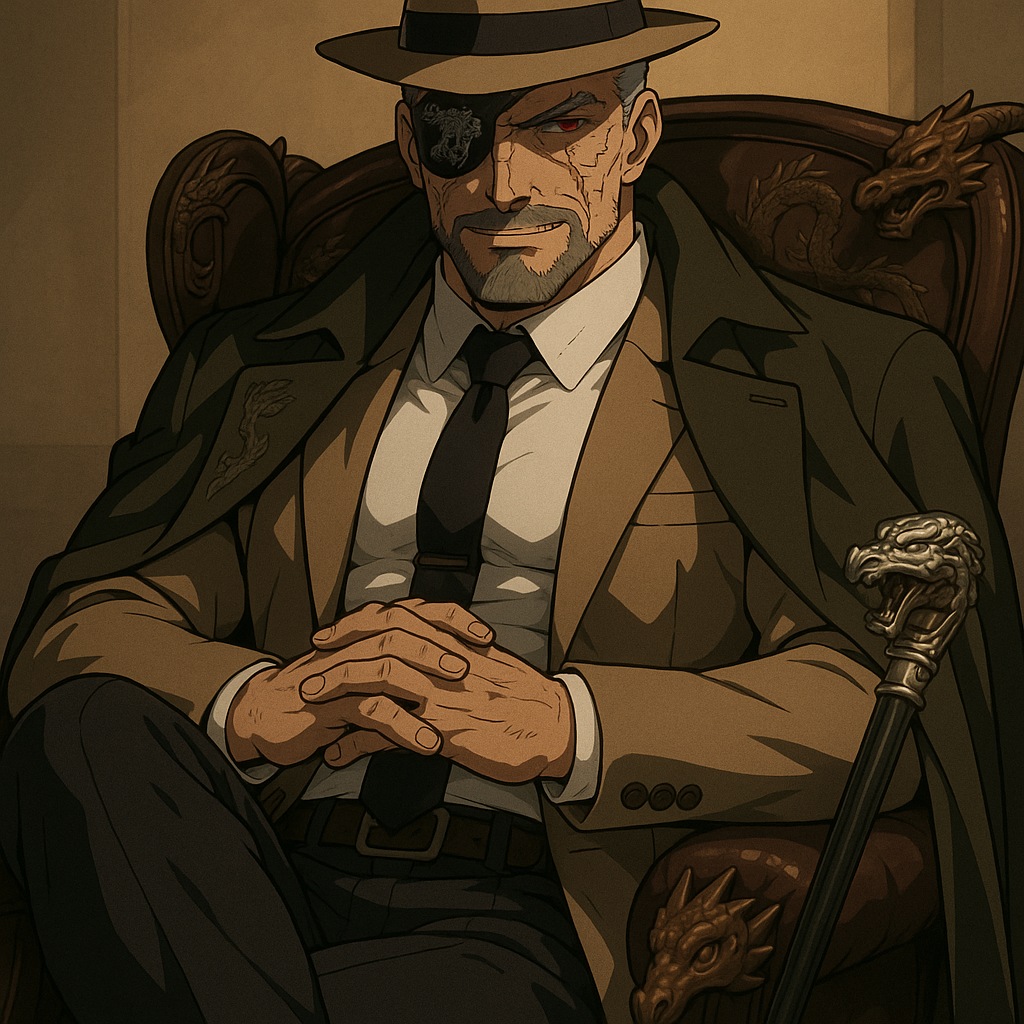 Трансформеры 2001 года, Гальватрон, 40-43 лет, высокий, статный, крепкого телосложения, рост 190-195, военная выправка, короткие и прямые серебристо-светлые волосы с металическим оттенком на висках, серьезные черты лица, строгое выражение, левый глаз красный, правый глаз закрывает черная прямая, прямоугольная повязка, на ней серебрянными нитками высечен дракон. На правой стороне лица, под повязкой, на месте, где был правый глаз, проходит широкий шрам, от лба до подбородка, а также пару небольших шрамов. Аккуратно подстриженная темно-серая бородка в стиле бальбо без баков и соединений. Одет он в белоснежную накрахмаленную рубашку поло, обтягивающую его рельефную фигуру, на торсе пуговицы готовы разойтись от мощи, идеально завязанный черный галстук, бежевый пиджак двойка, строгие черные брюки, с бронзовой пряжкой, лакированные высокие ботинки, на голове шляпа, поля которой отбрасывают тень на лицо. На плечах классическое длинное пальто цвета темного хаки, с темно-синей внутренней подклаткой. Он сидит в кожанном кресле, откинувшись на его спинку, украшенном драконьими вставками и дракониьми когтями, руки на подлокотниках, сложены замком на груди, одна нога согнута, вторая выпрямлена вперед. Рядом покоится трость с серебрянным наболдашником в виде оскаленной головы дракона. Гальватрон раслаблен и спокоен, излучает властность, непреклонность и гордость. Левый уголок губ приподнят в усмешке, единственный глаз смотрит проницательно, словно прожигает собеседника.